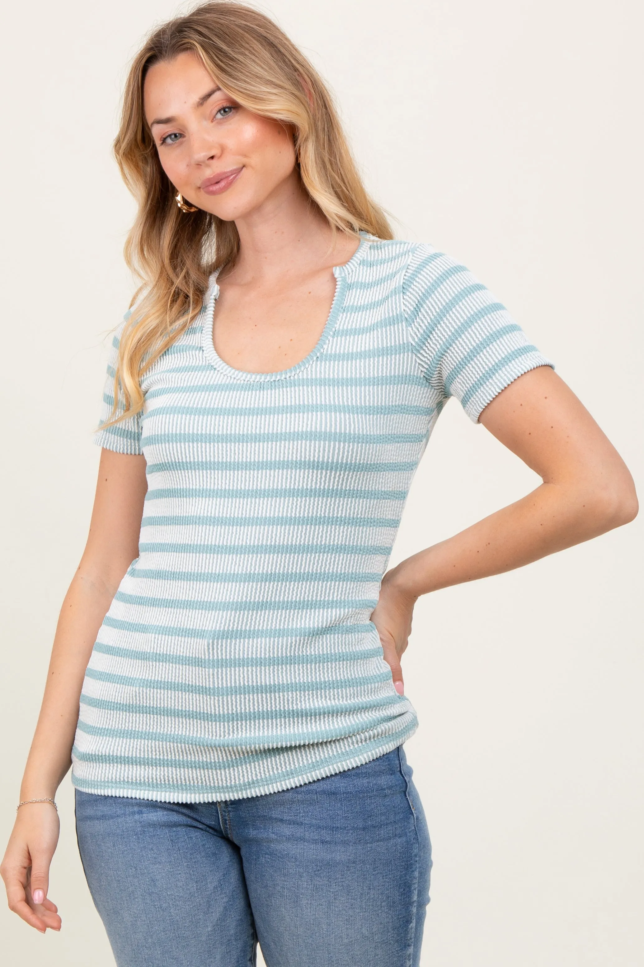 Light Blue Stripe Short Sleeve Round Neck Top sold by Pinkblush product image thumbnail 3