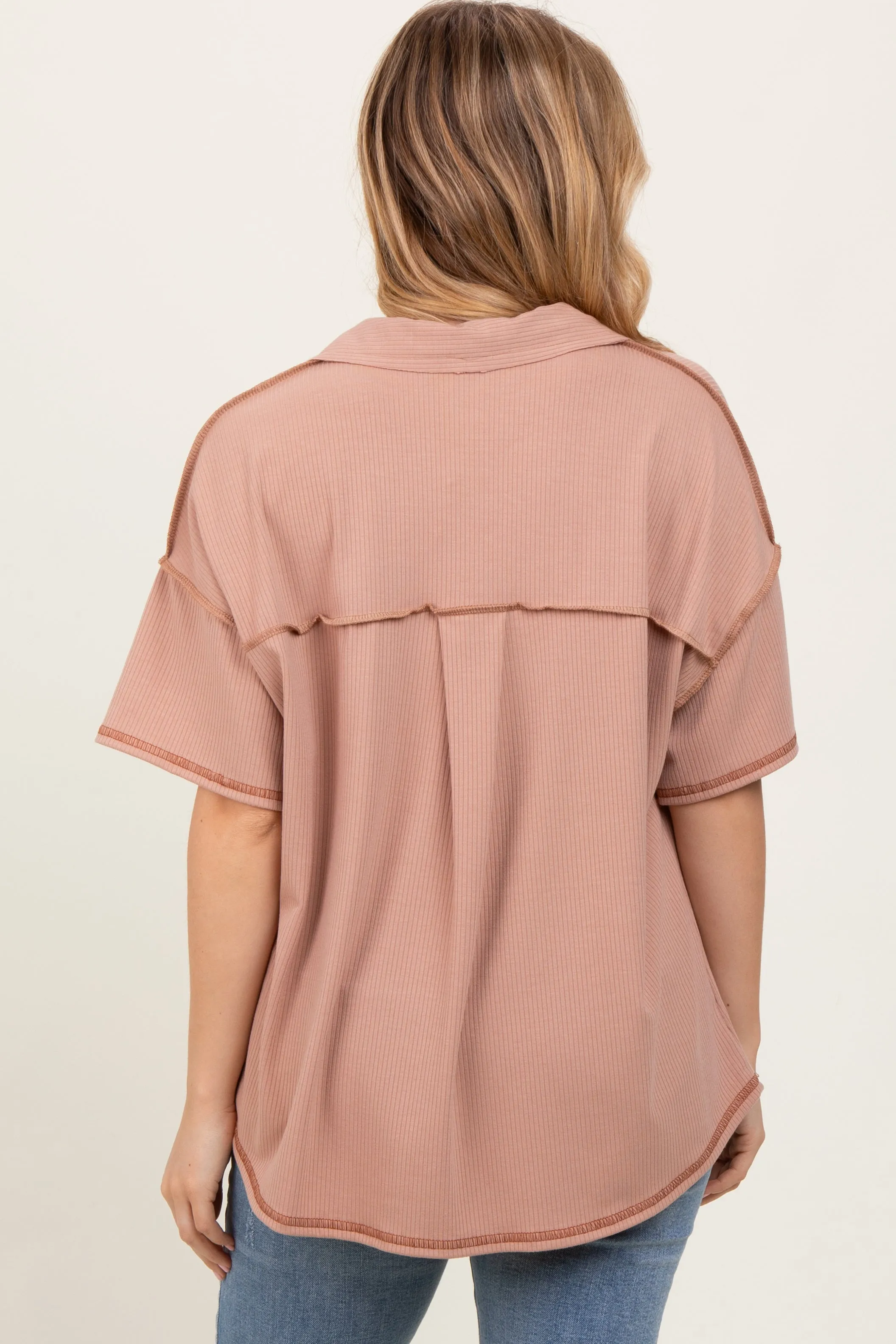 Beige Solid Ribbed Collar V-Neck Tunic Top sold by Pinkblush product image thumbnail 4