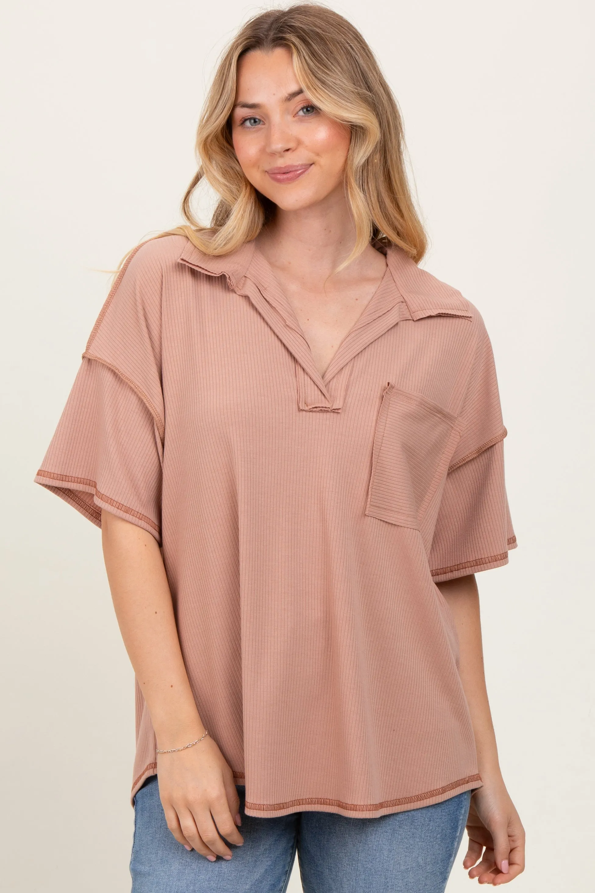 Beige Solid Ribbed Collar V-Neck Tunic Top sold by Pinkblush