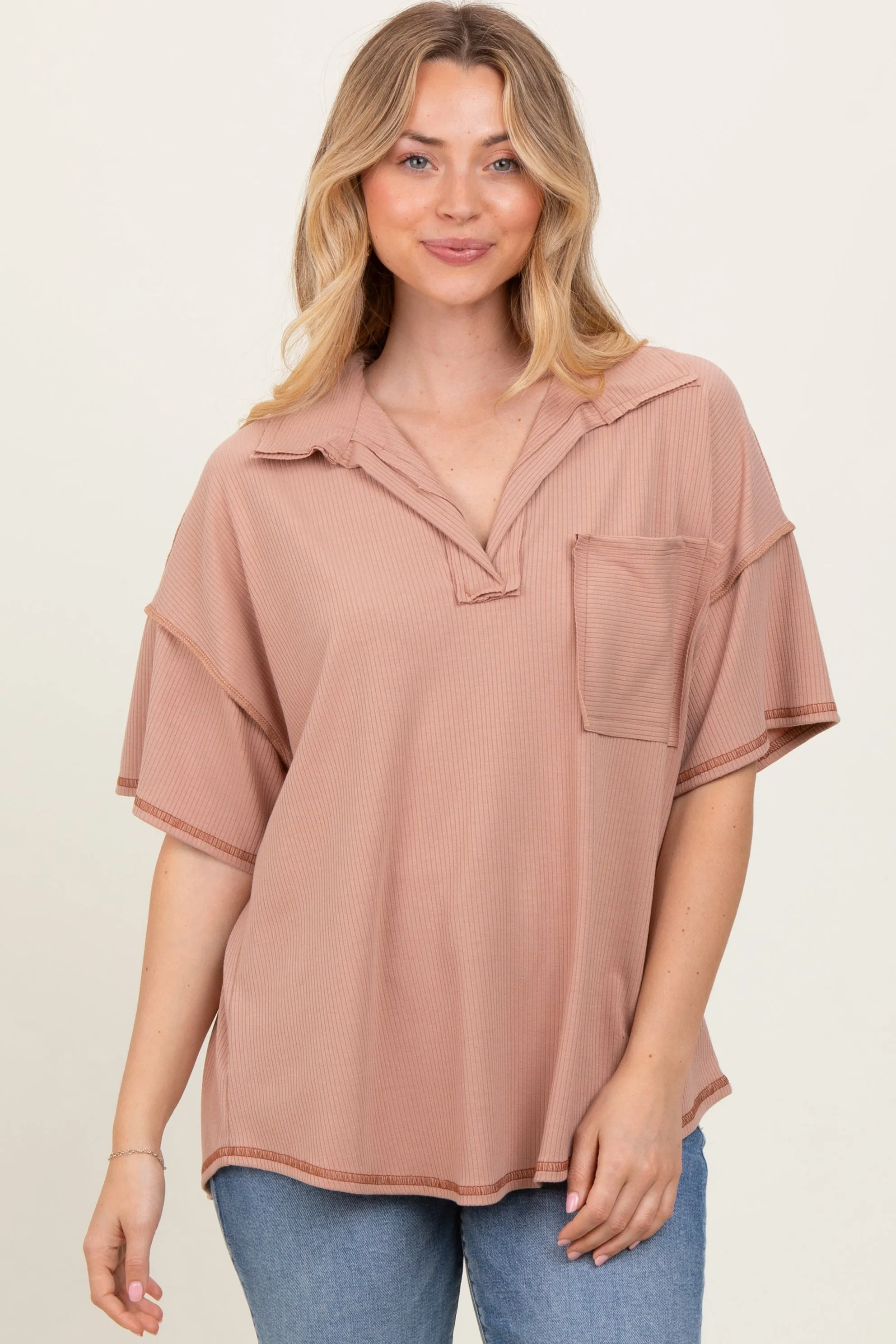Beige Solid Ribbed Collar V-Neck Tunic Top sold by Pinkblush product image thumbnail 2