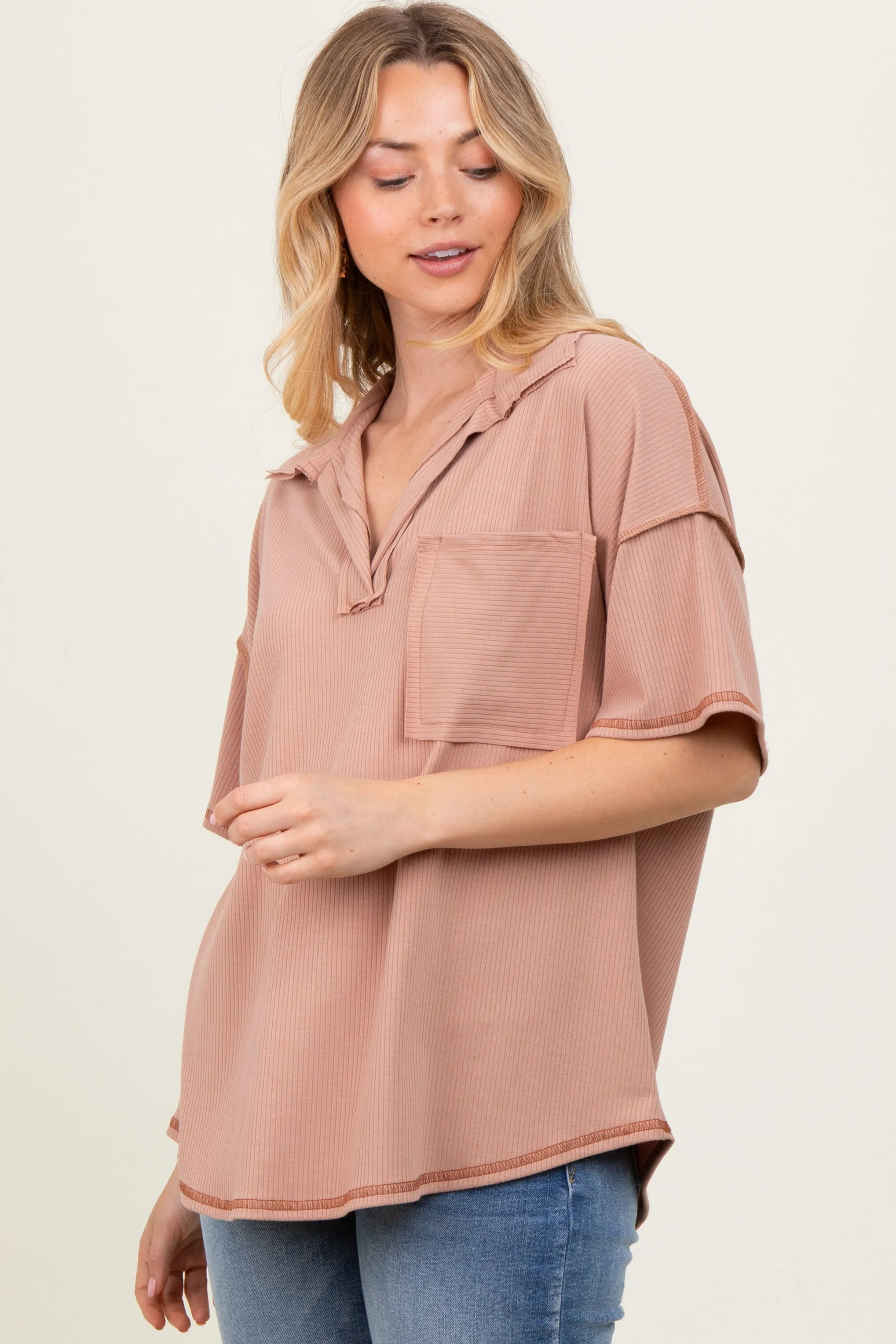 Beige Solid Ribbed Collar V-Neck Tunic Top sold by Pinkblush product image thumbnail 3