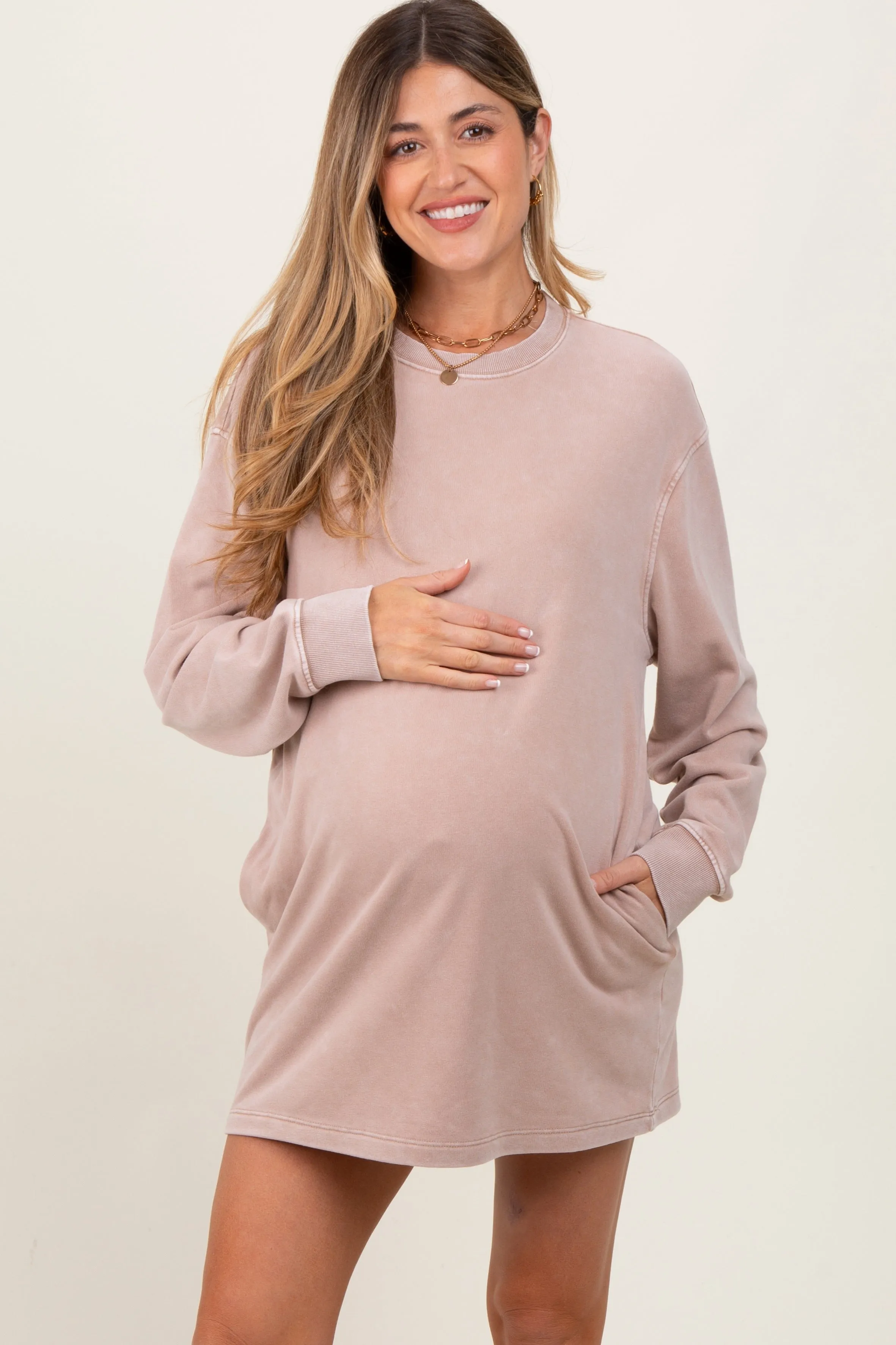 Taupe Long Sleeve Oversized Sweatshirt Maternity Mini Dress sold by Pinkblush