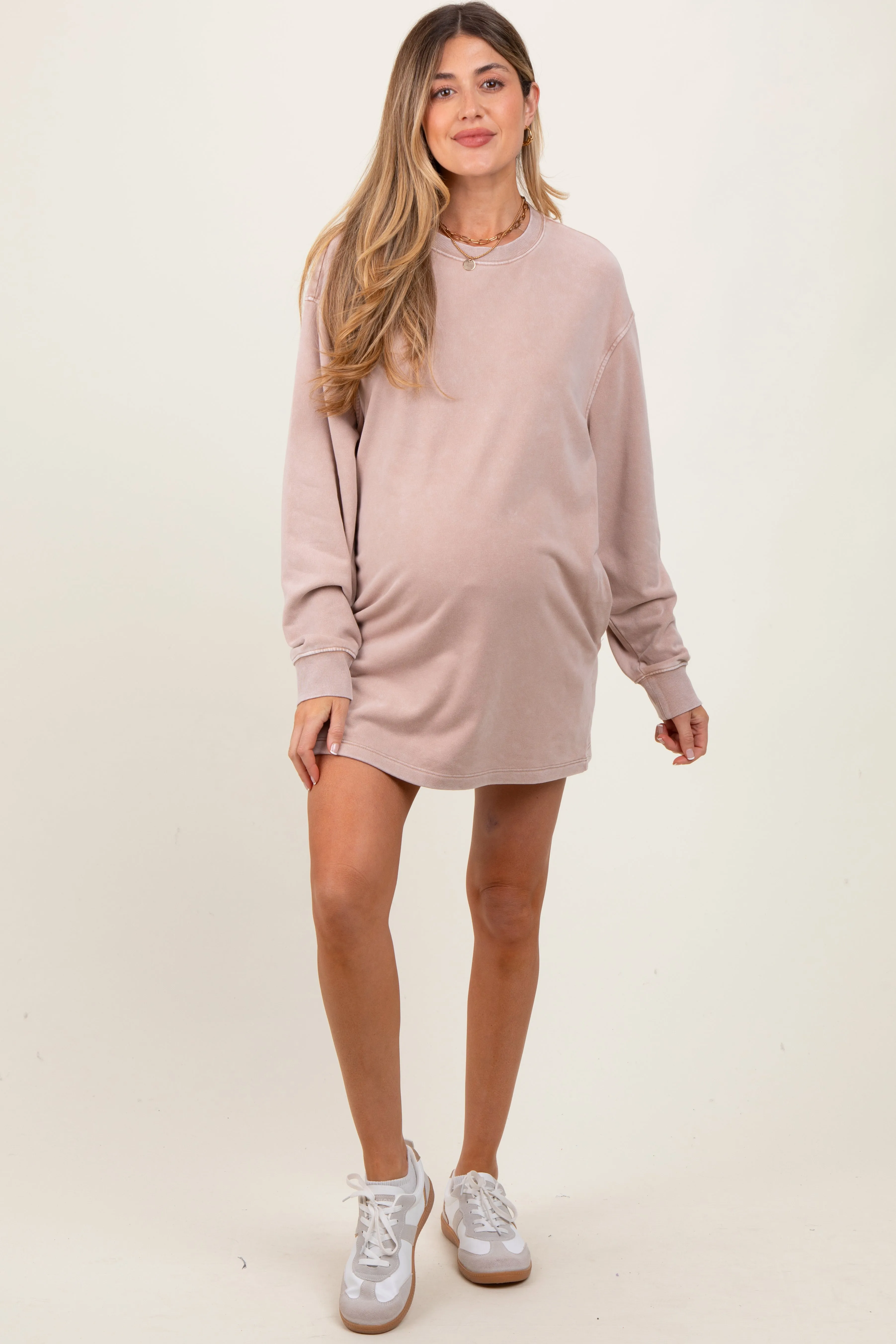 Taupe Long Sleeve Oversized Sweatshirt Maternity Mini Dress sold by Pinkblush product image thumbnail 2