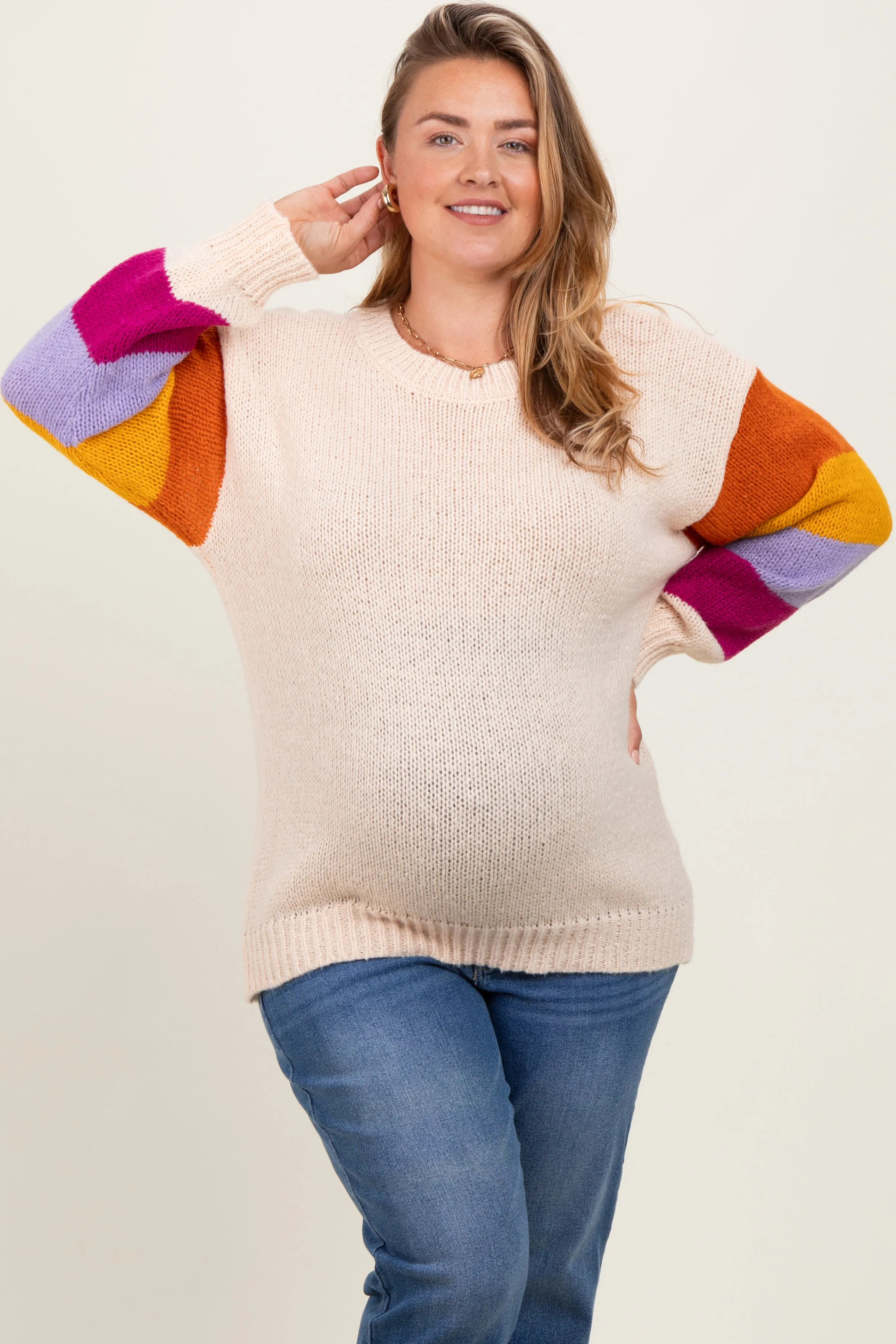 Cream Colorblock Sleeve Maternity Plus Sweater sold by Pinkblush product image thumbnail 2