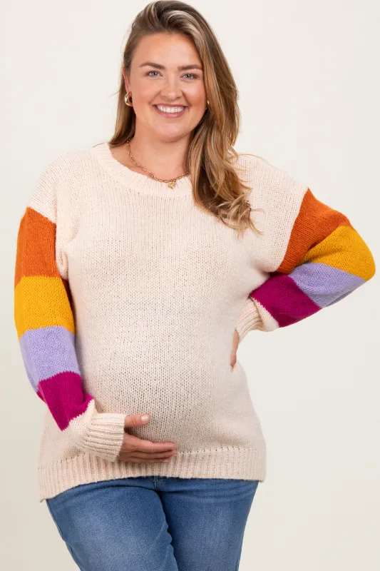 Cream Colorblock Sleeve Maternity Plus Sweater sold by Pinkblush