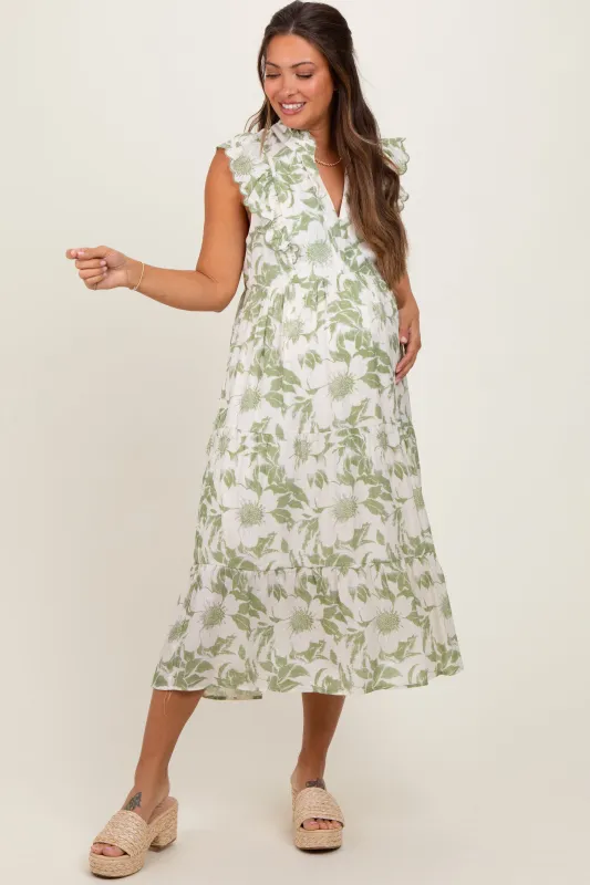 Light Olive Floral Scallop Hem Tiered Maternity Midi Dress sold by Pinkblush