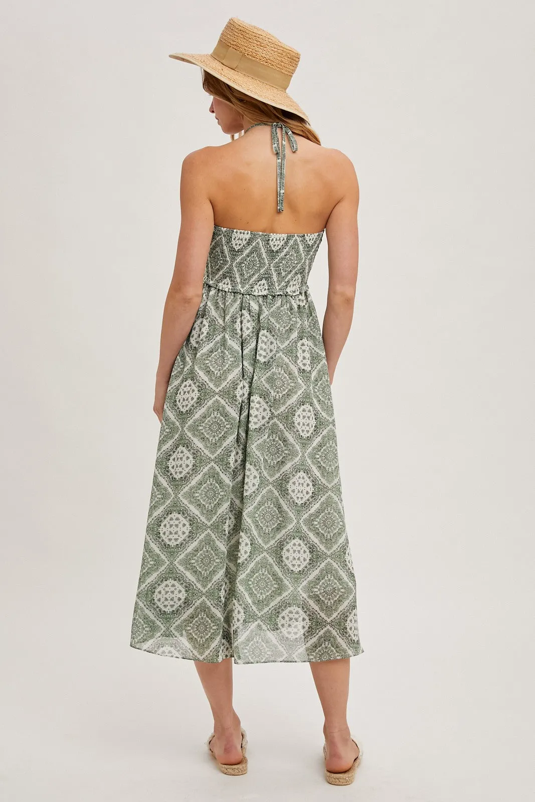 Green Printed Smocked Halter Midi Dress sold by Pinkblush product image thumbnail 4