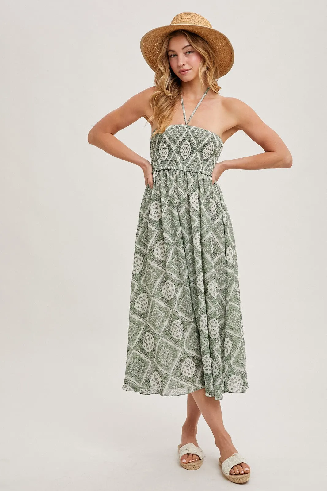 Green Printed Smocked Halter Midi Dress sold by Pinkblush product image thumbnail 2