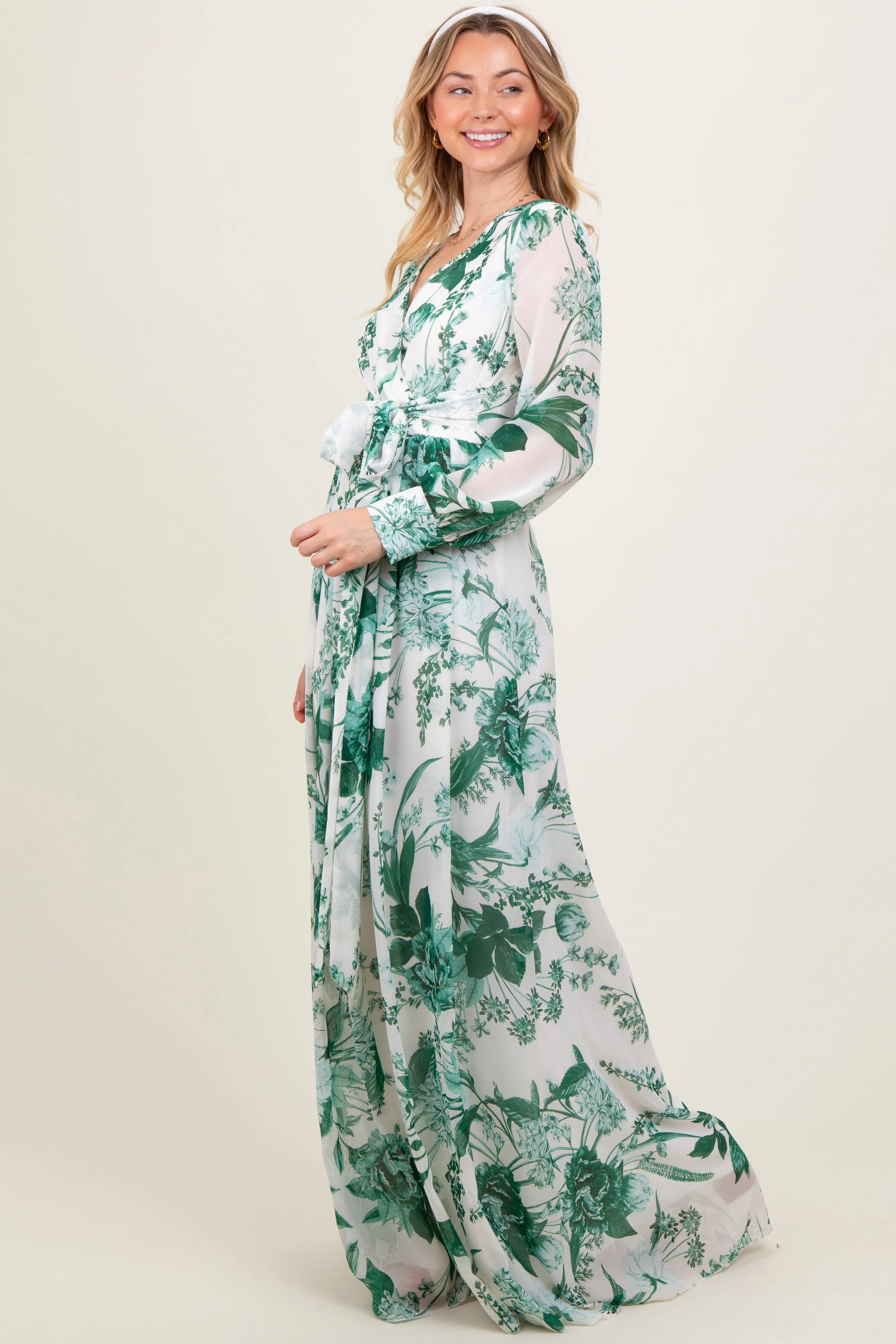 Forest Green Floral Chiffon Long Sleeve Maxi Dress sold by Pinkblush product image thumbnail 3