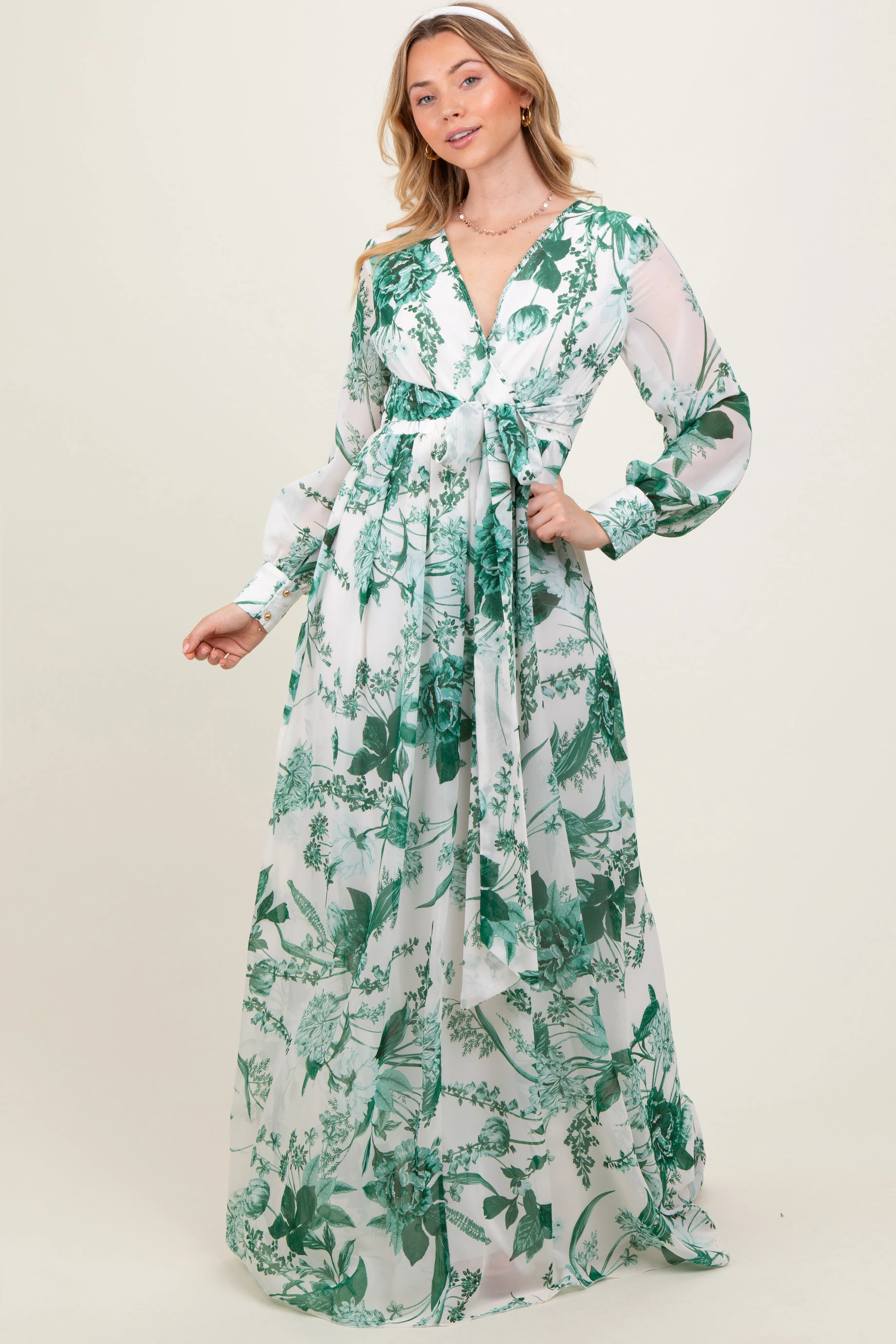 Forest Green Floral Chiffon Long Sleeve Maxi Dress sold by Pinkblush product image thumbnail 2