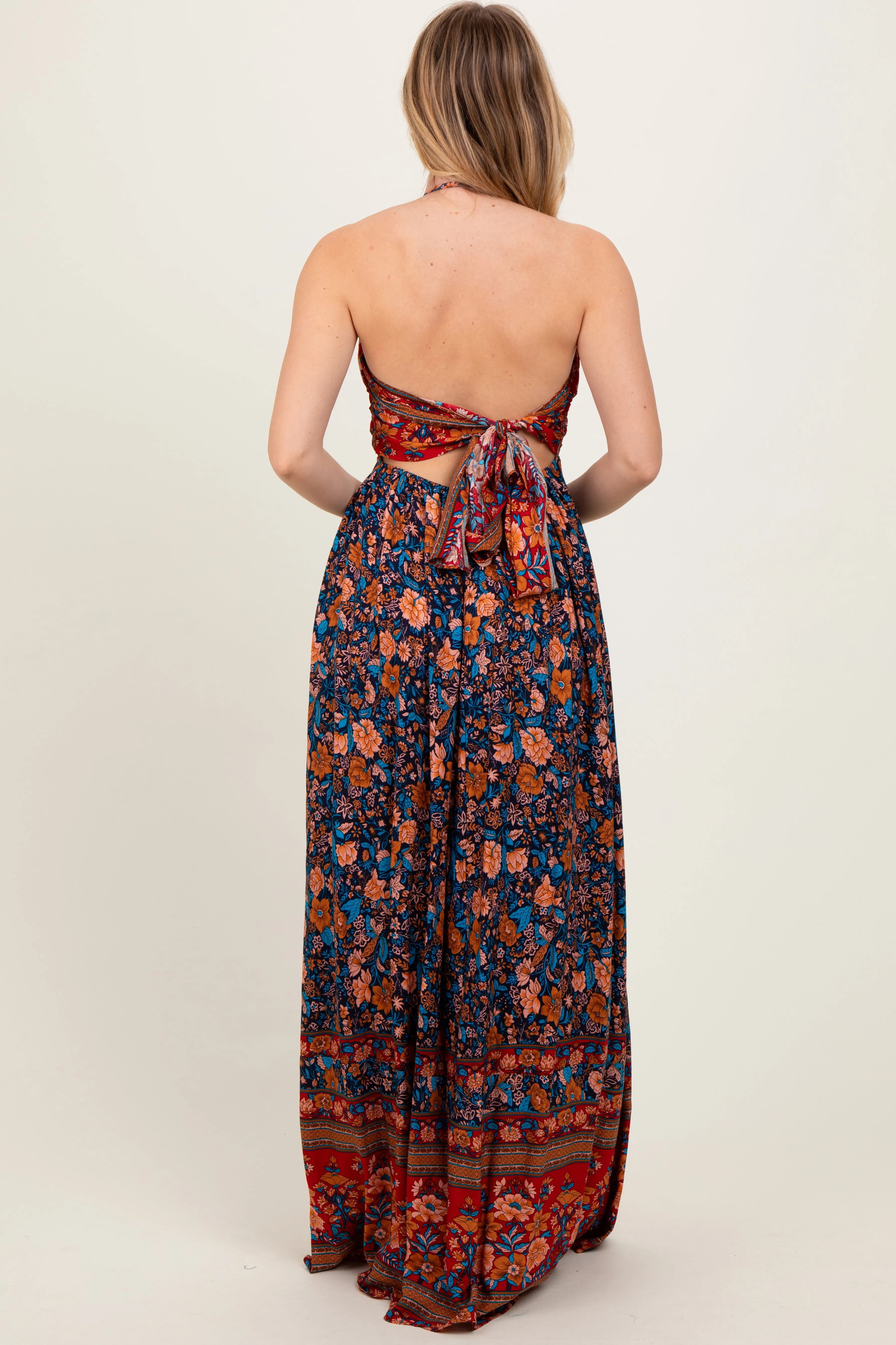 Navy Floral Colorblock Halter Tie Back Maxi Dress sold by Pinkblush product image thumbnail 4