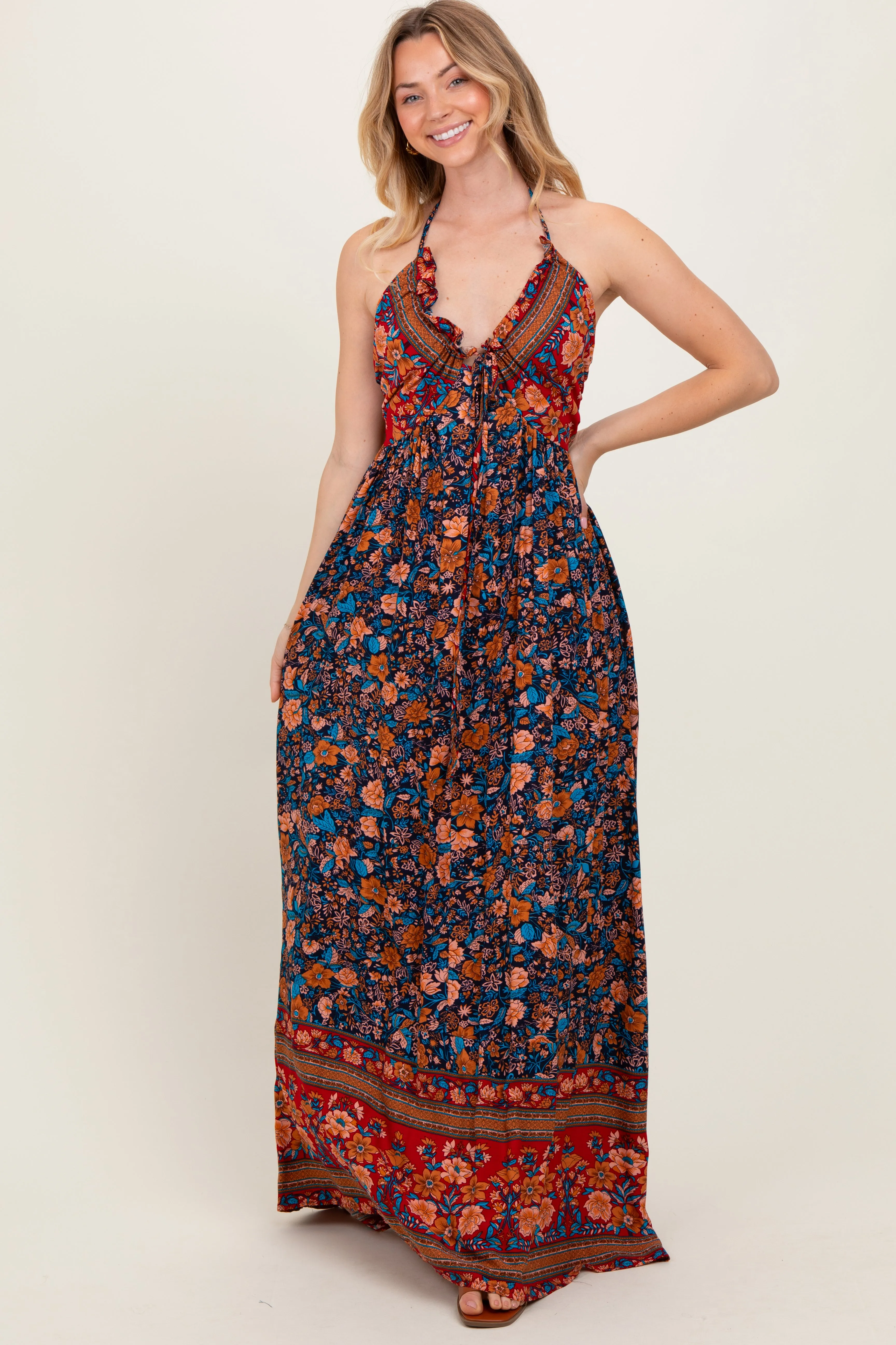 Navy Floral Colorblock Halter Tie Back Maxi Dress sold by Pinkblush