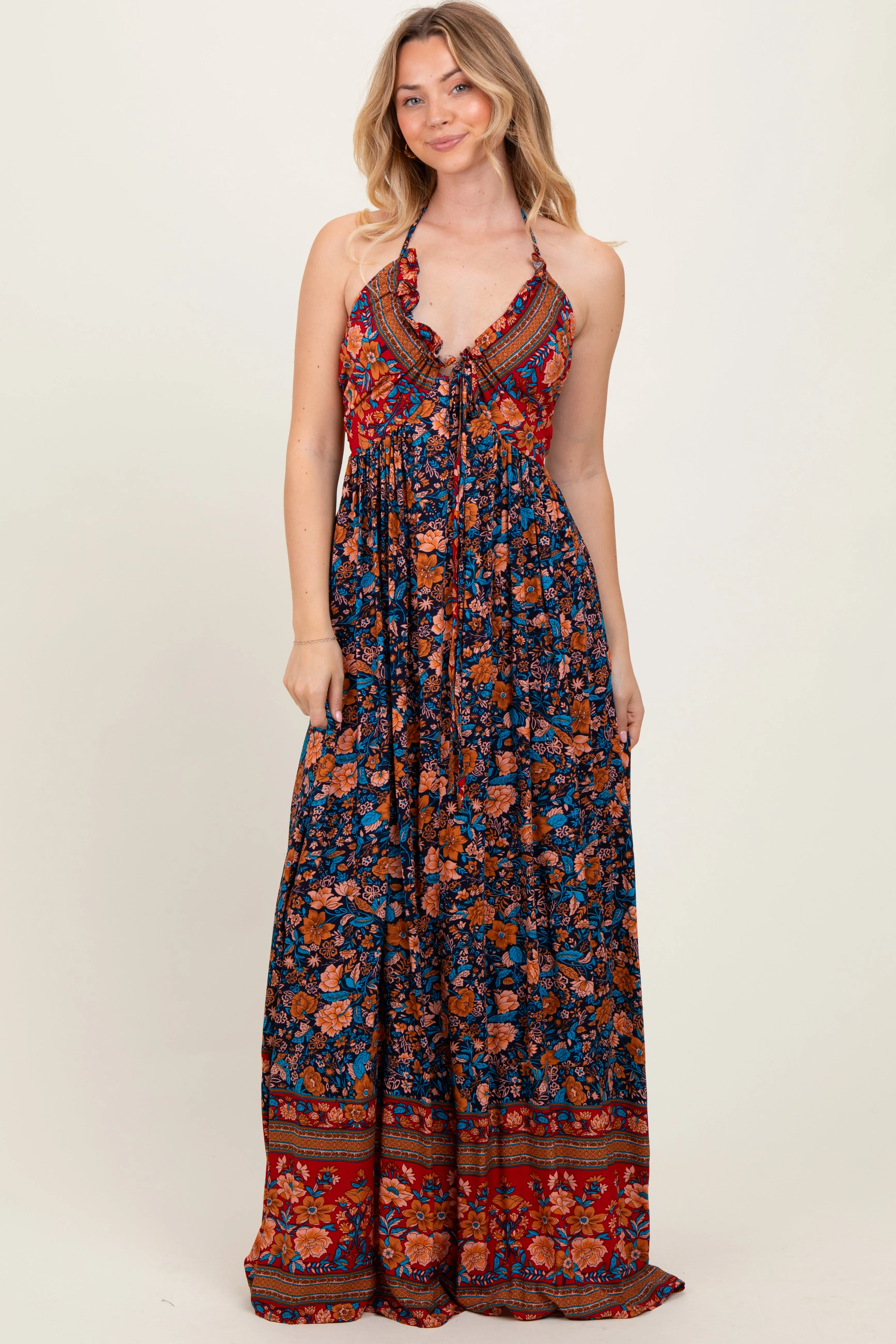 Navy Floral Colorblock Halter Tie Back Maxi Dress sold by Pinkblush product image thumbnail 2