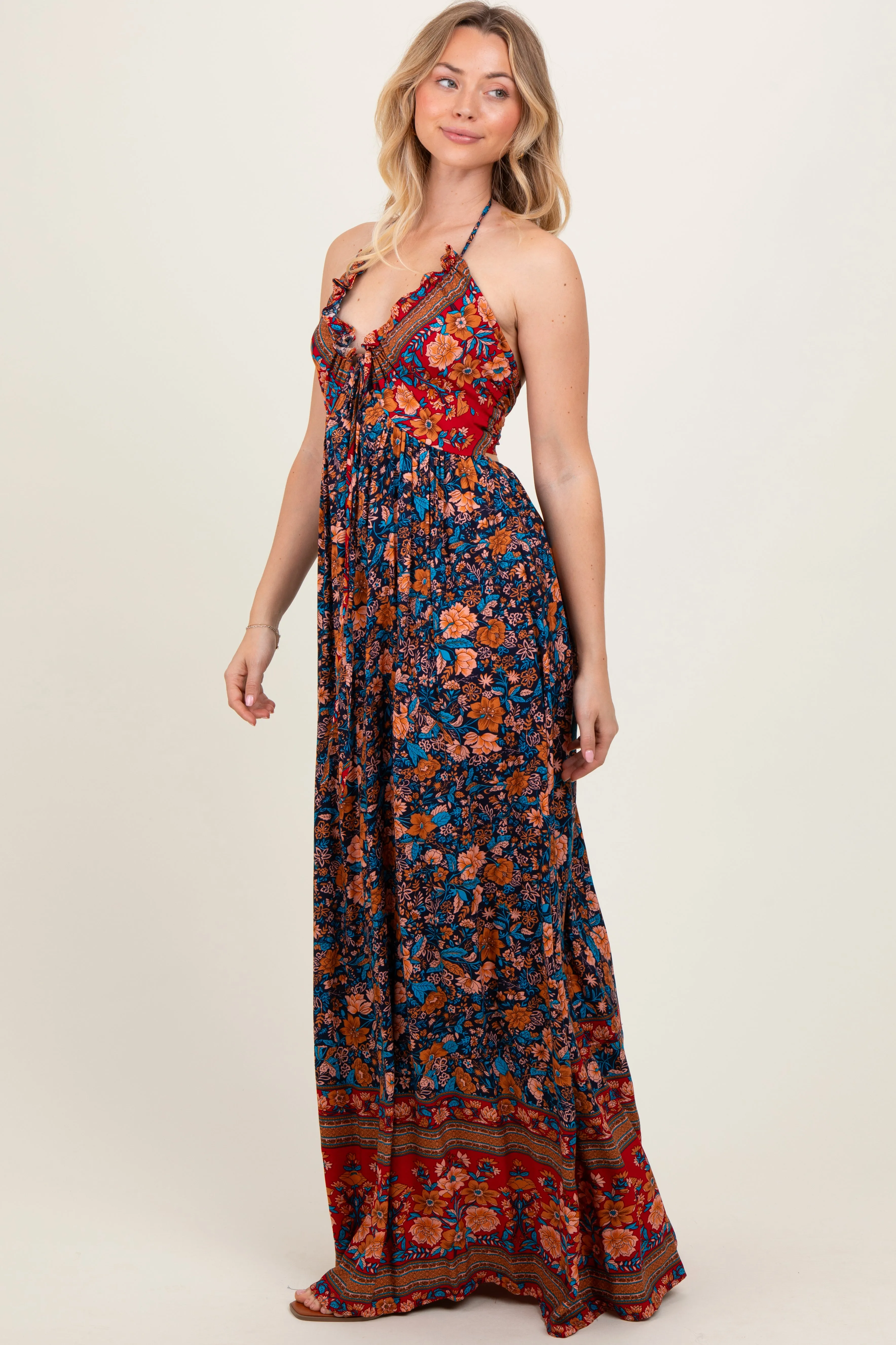 Navy Floral Colorblock Halter Tie Back Maxi Dress sold by Pinkblush product image thumbnail 3