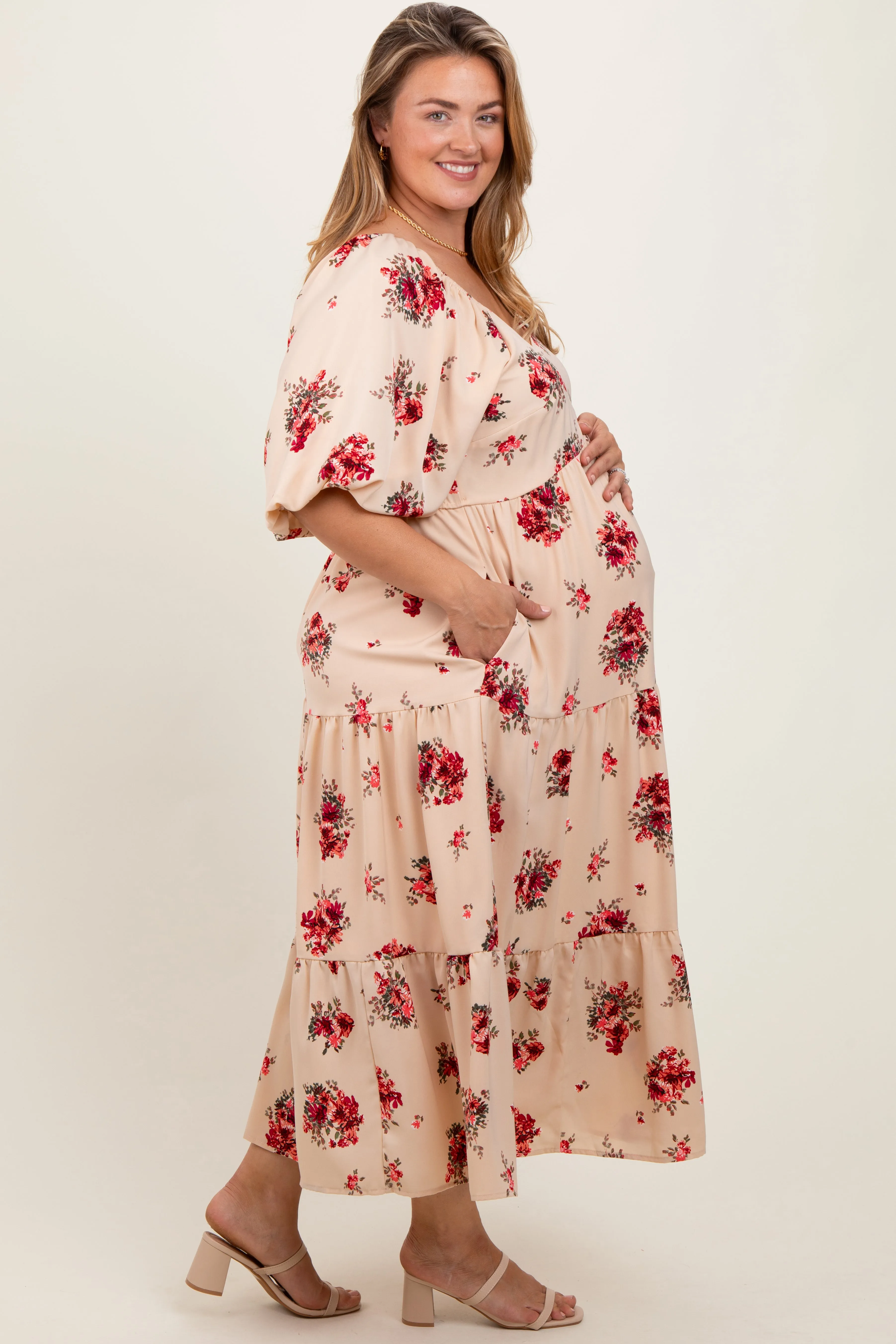 Cream Floral Puff Sleeve Maternity Plus Tiered Maxi Dress sold by Pinkblush product image thumbnail 2