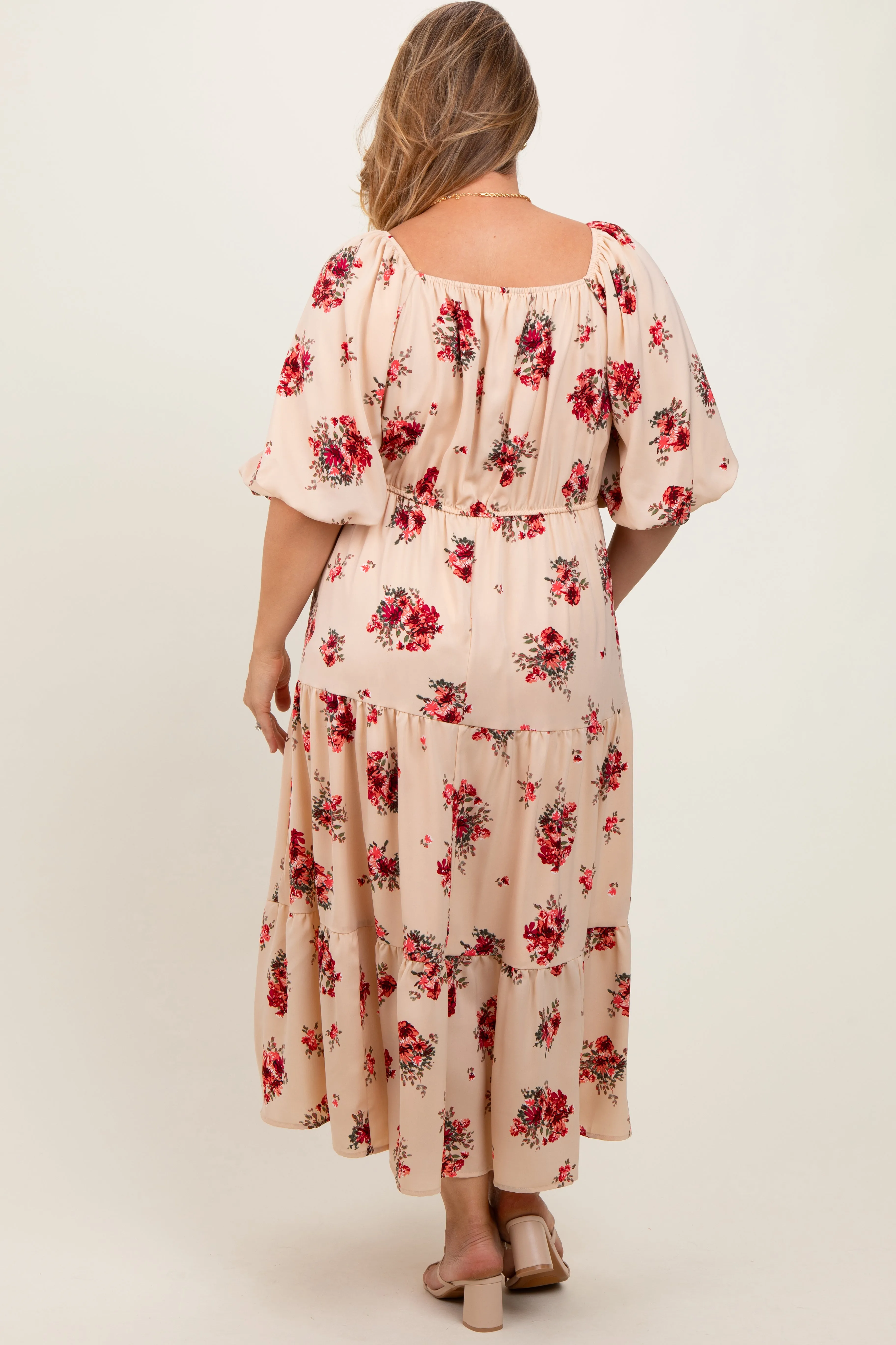 Cream Floral Puff Sleeve Maternity Plus Tiered Maxi Dress sold by Pinkblush product image thumbnail 3