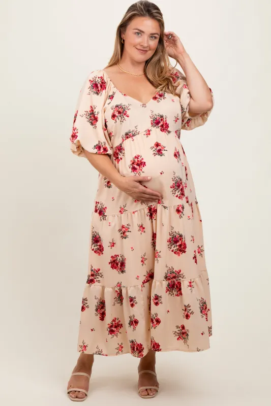 Cream Floral Puff Sleeve Maternity Plus Tiered Maxi Dress sold by Pinkblush
