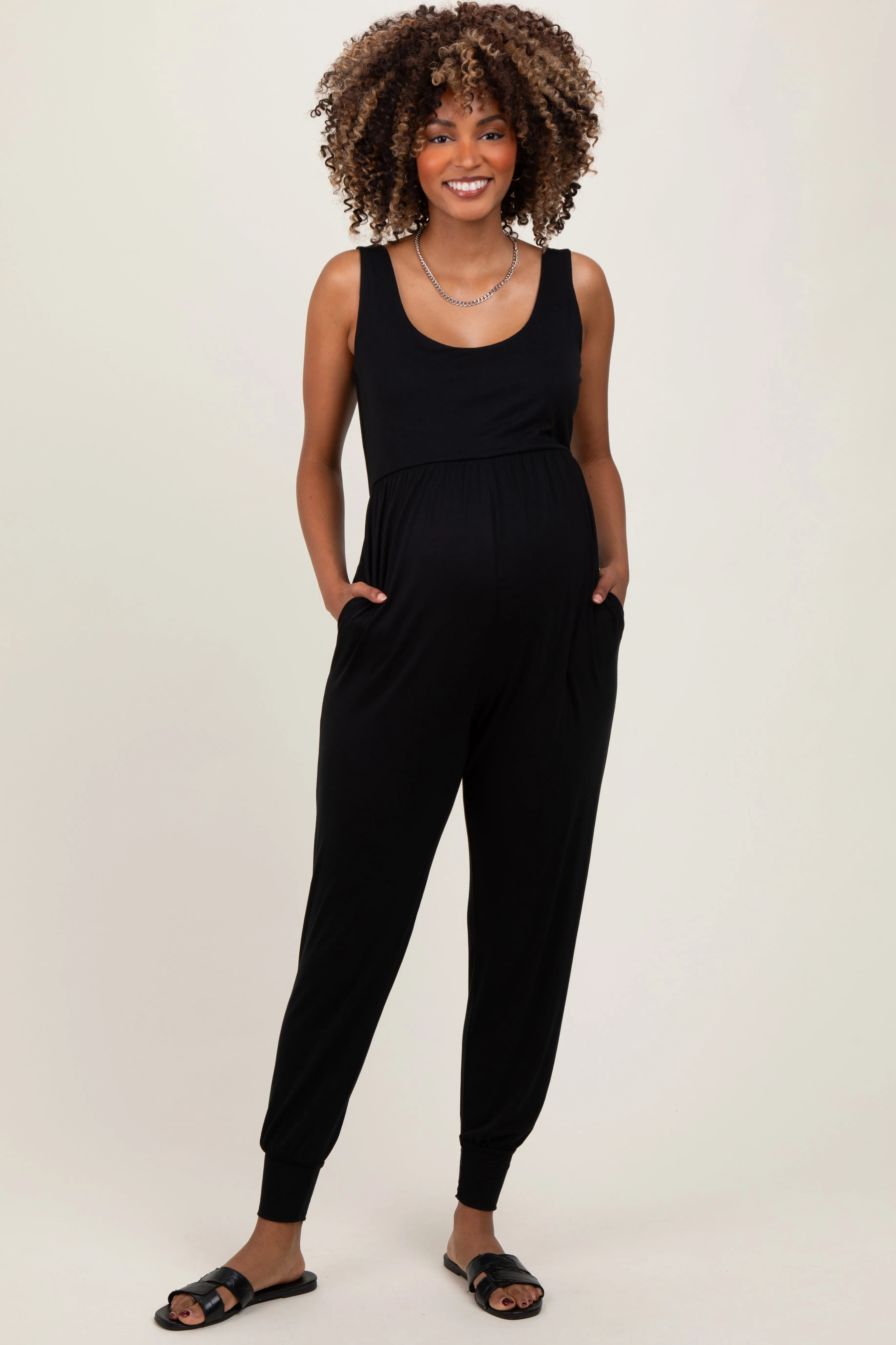 Black Scoop Neck Sleeveless Maternity Jogger Jumpsuit sold by Pinkblush