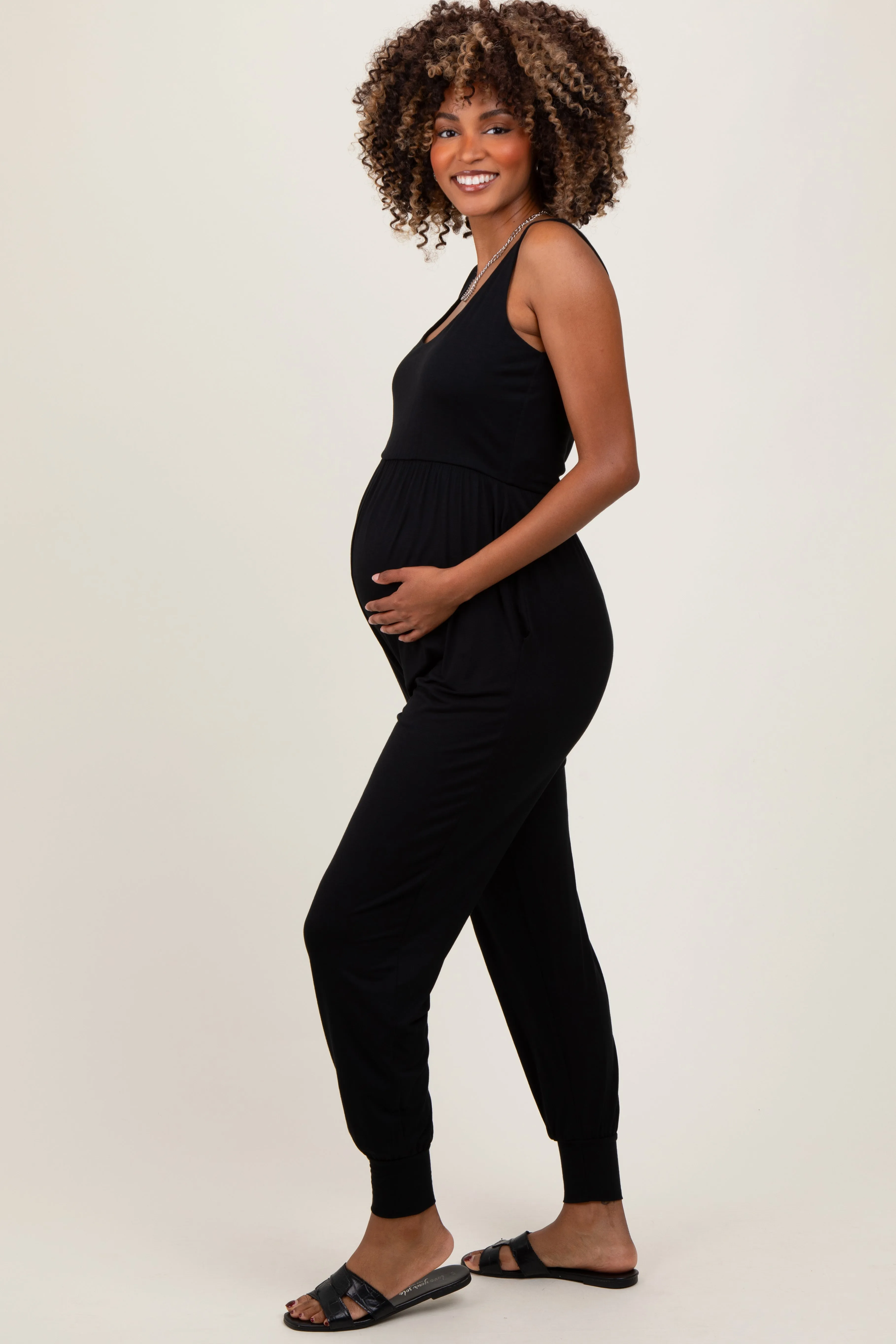 Black Scoop Neck Sleeveless Maternity Jogger Jumpsuit sold by Pinkblush product image thumbnail 2