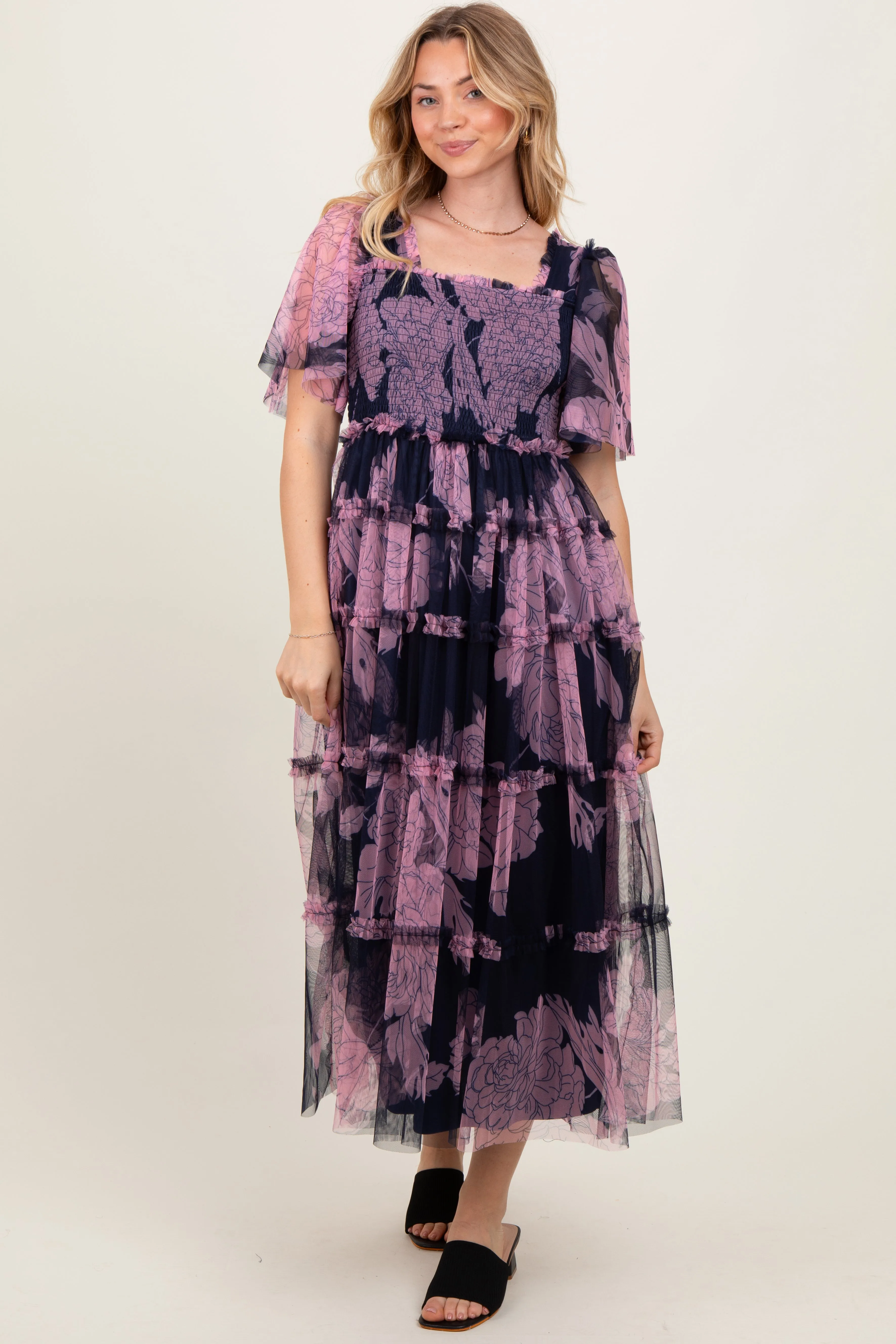 Navy Smocked Top Mesh Ruffled Midi Dress sold by Pinkblush product image thumbnail 2