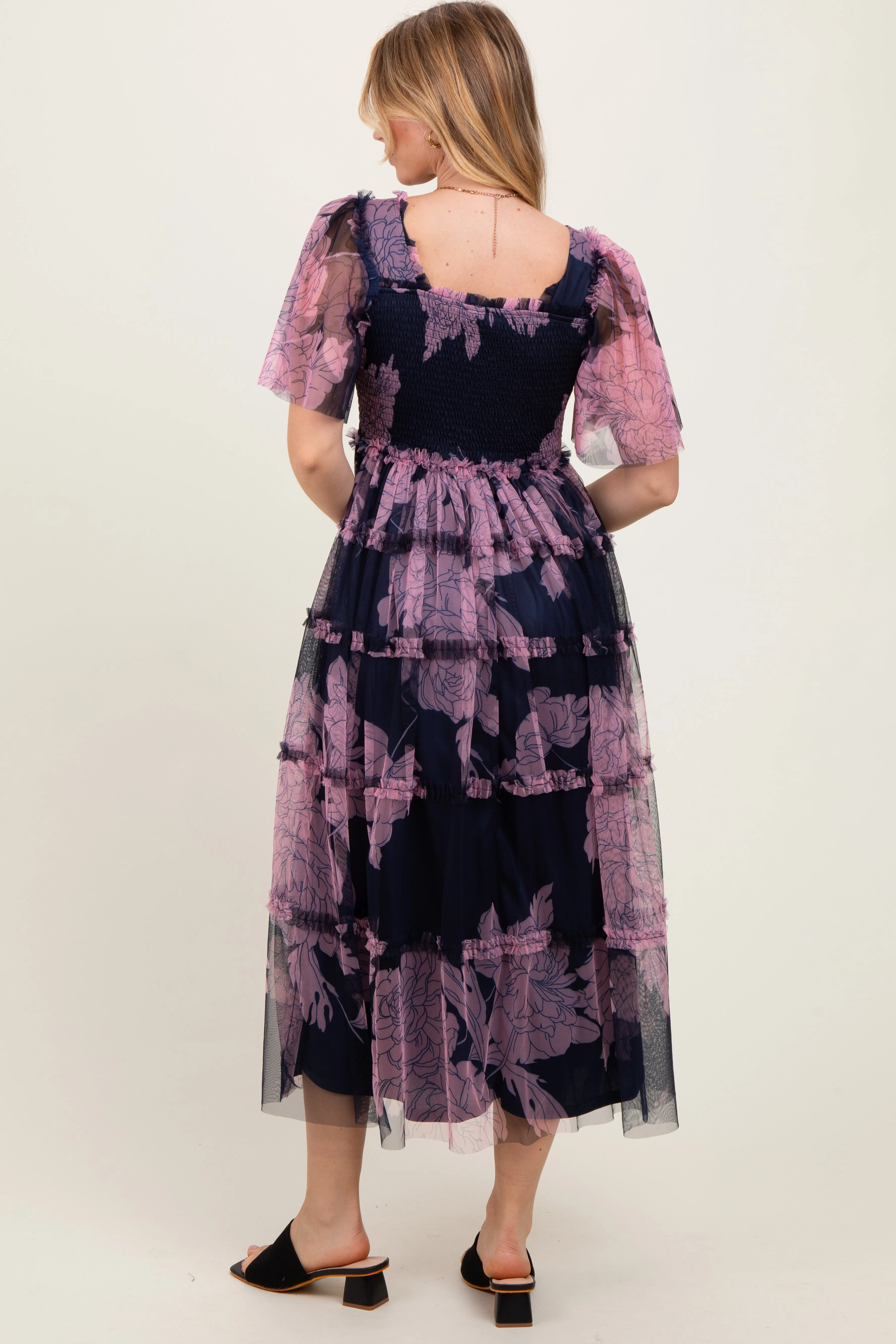 Navy Smocked Top Mesh Ruffled Midi Dress sold by Pinkblush product image thumbnail 3