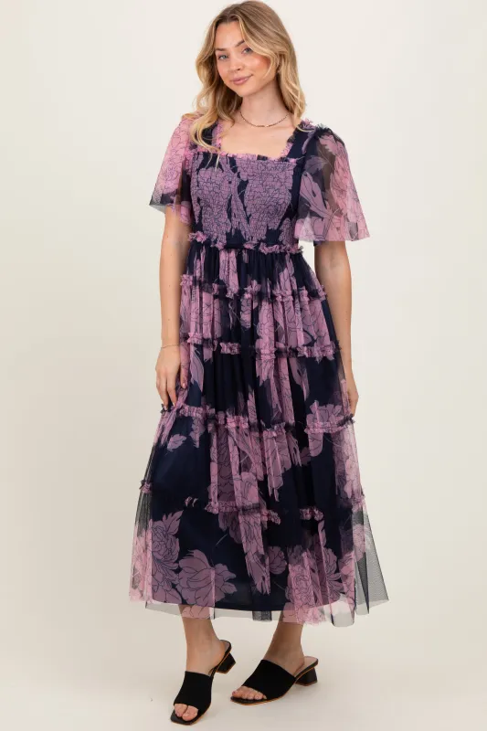 Navy Smocked Top Mesh Ruffled Midi Dress sold by Pinkblush