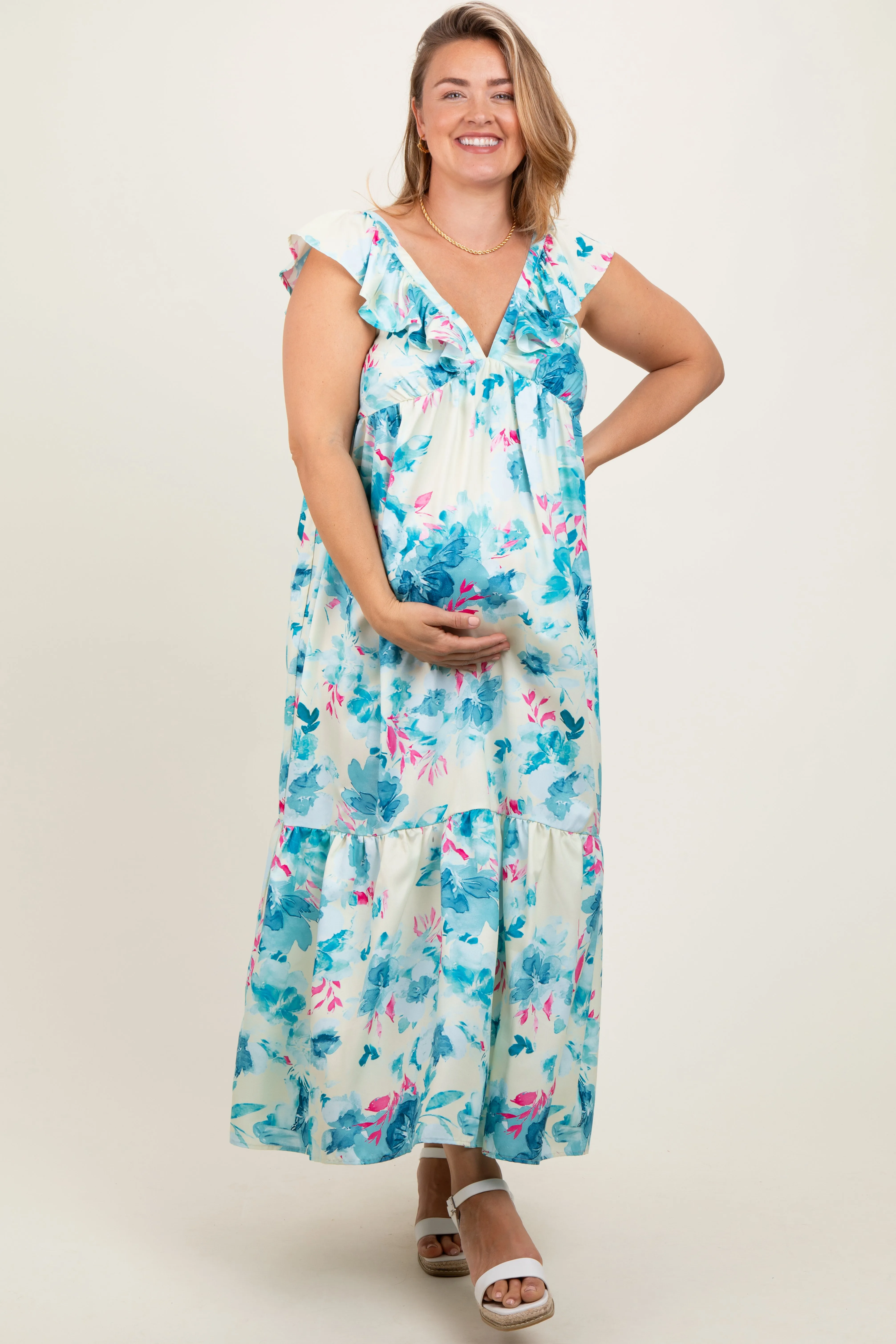 Teal Floral Ruffle Accent V-Neck Maternity Plus Maxi Dress sold by Pinkblush