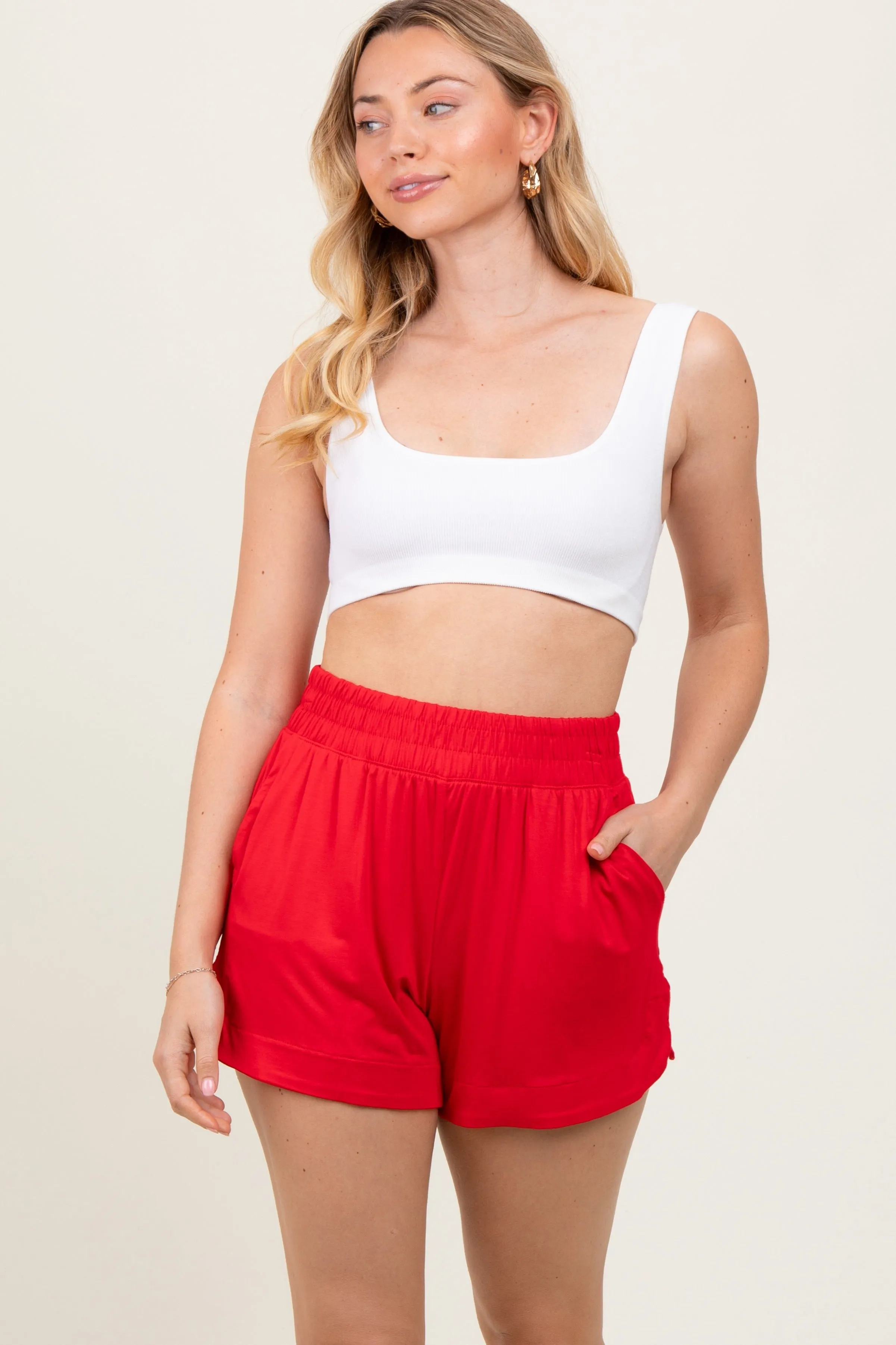 Red Basic Rounded Hem Shorts sold by Pinkblush