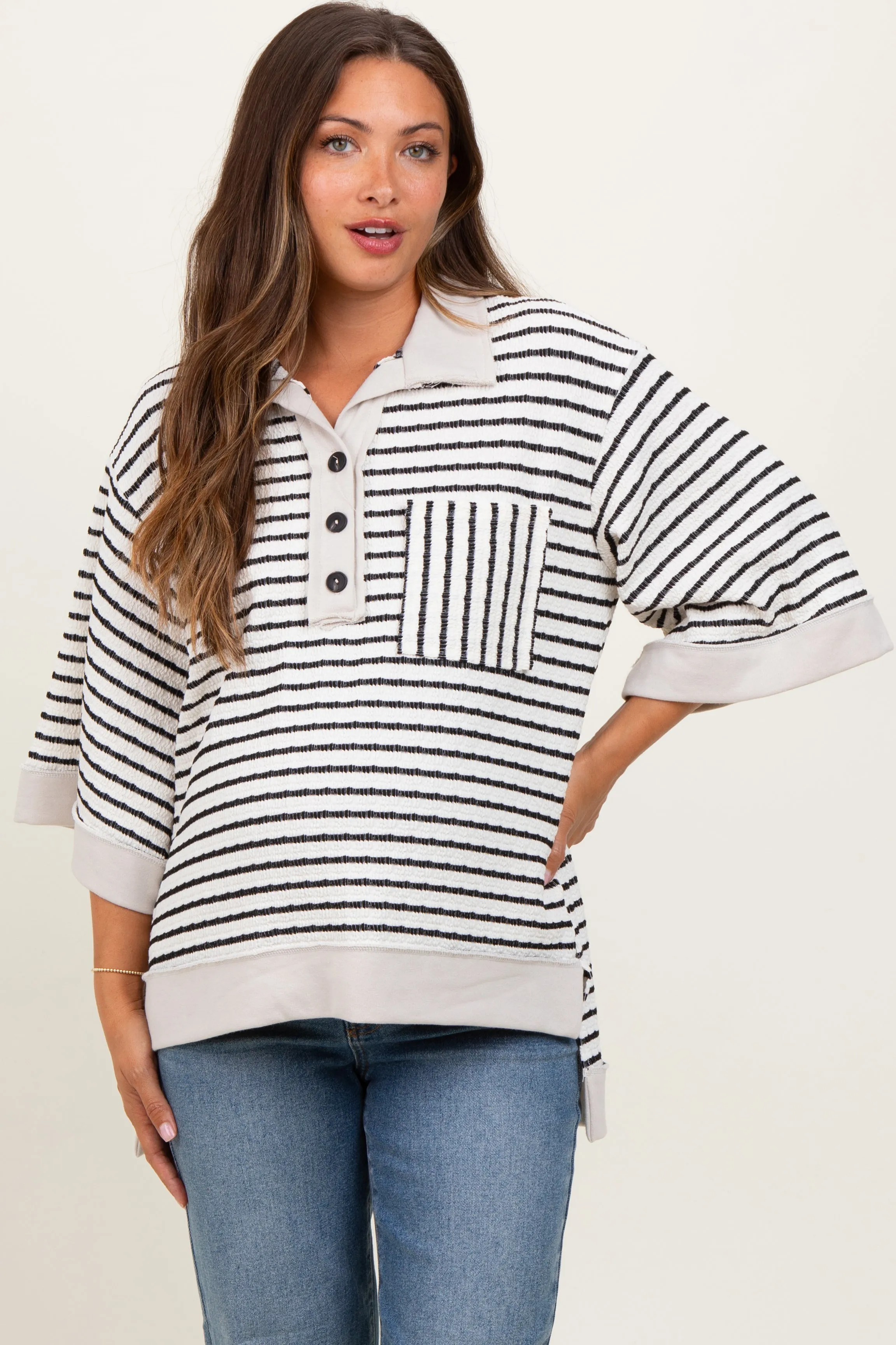 Cream/Black Stripe Button Down Maternity Tunic Top sold by Pinkblush
