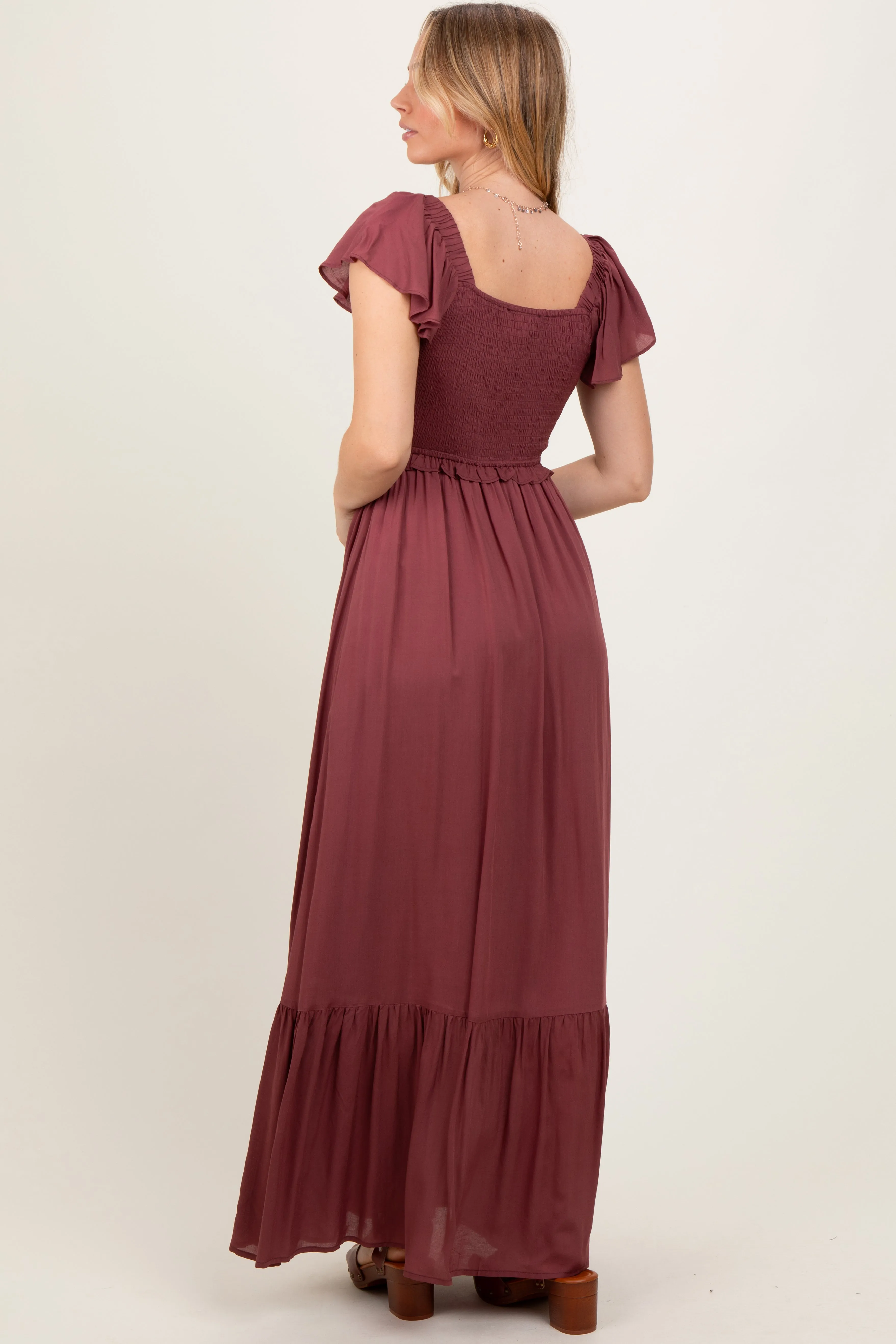 Burgundy Smocked Top Woven Maxi Dress sold by Pinkblush product image thumbnail 4