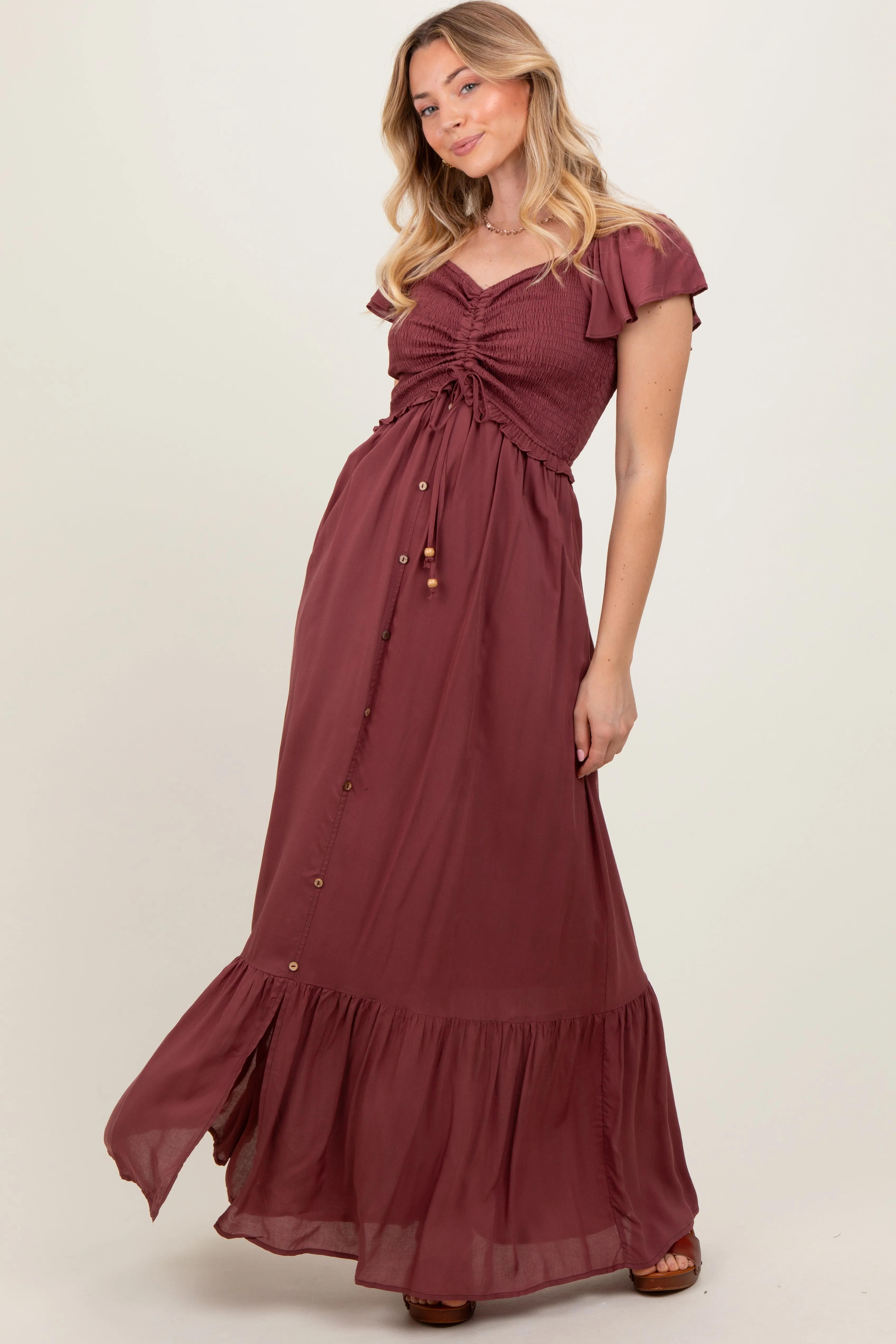 Burgundy Smocked Top Woven Maxi Dress sold by Pinkblush product image thumbnail 2