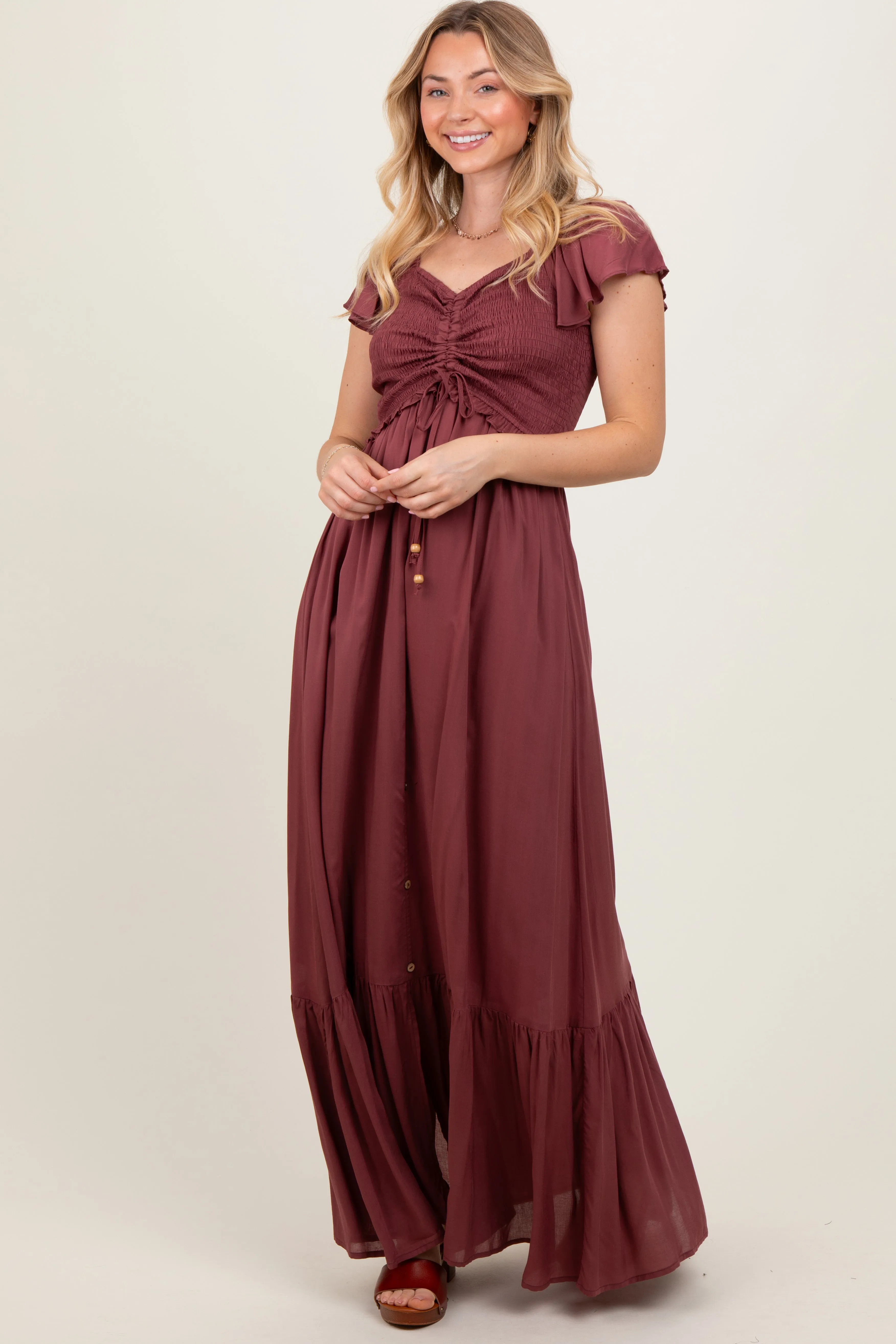 Burgundy Smocked Top Woven Maxi Dress sold by Pinkblush product image thumbnail 3