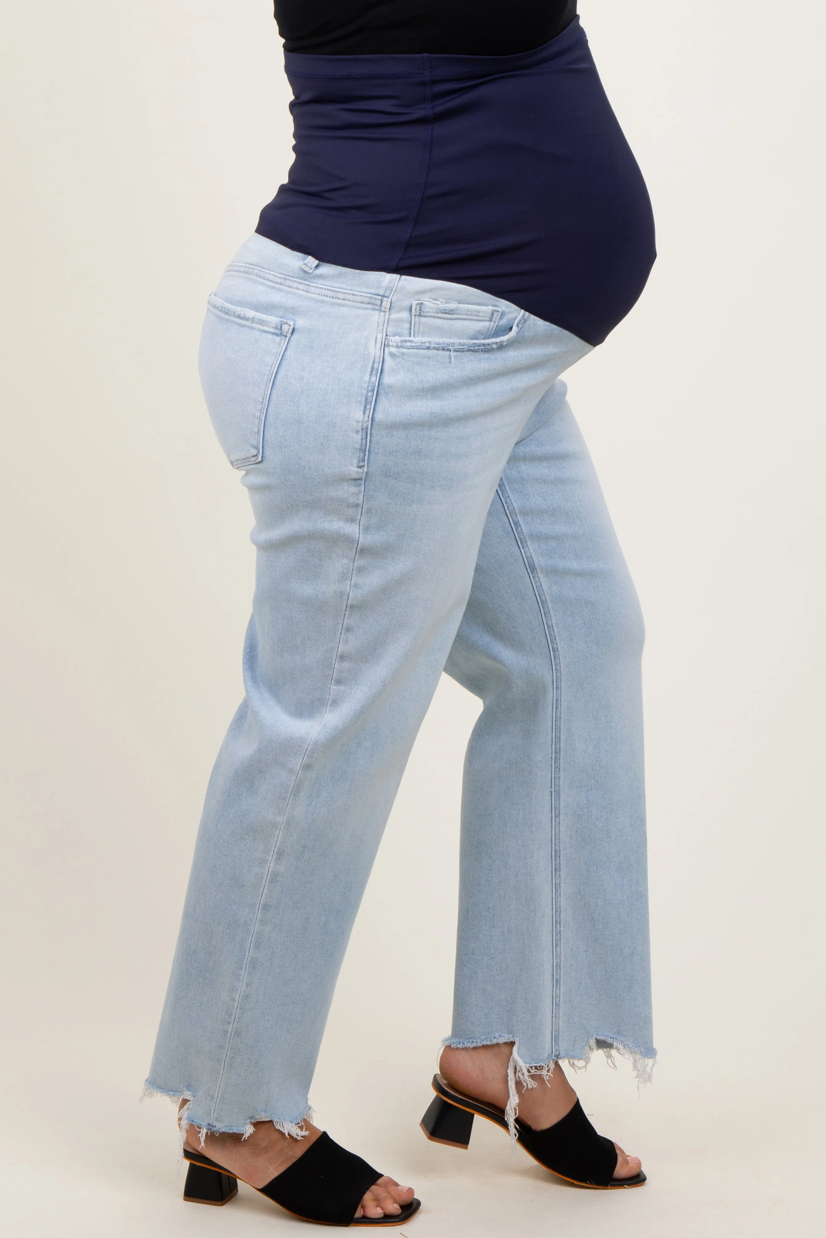 Light Blue Distressed Hem Slim Wide Leg Maternity Plus Jeans sold by Pinkblush product image thumbnail 3