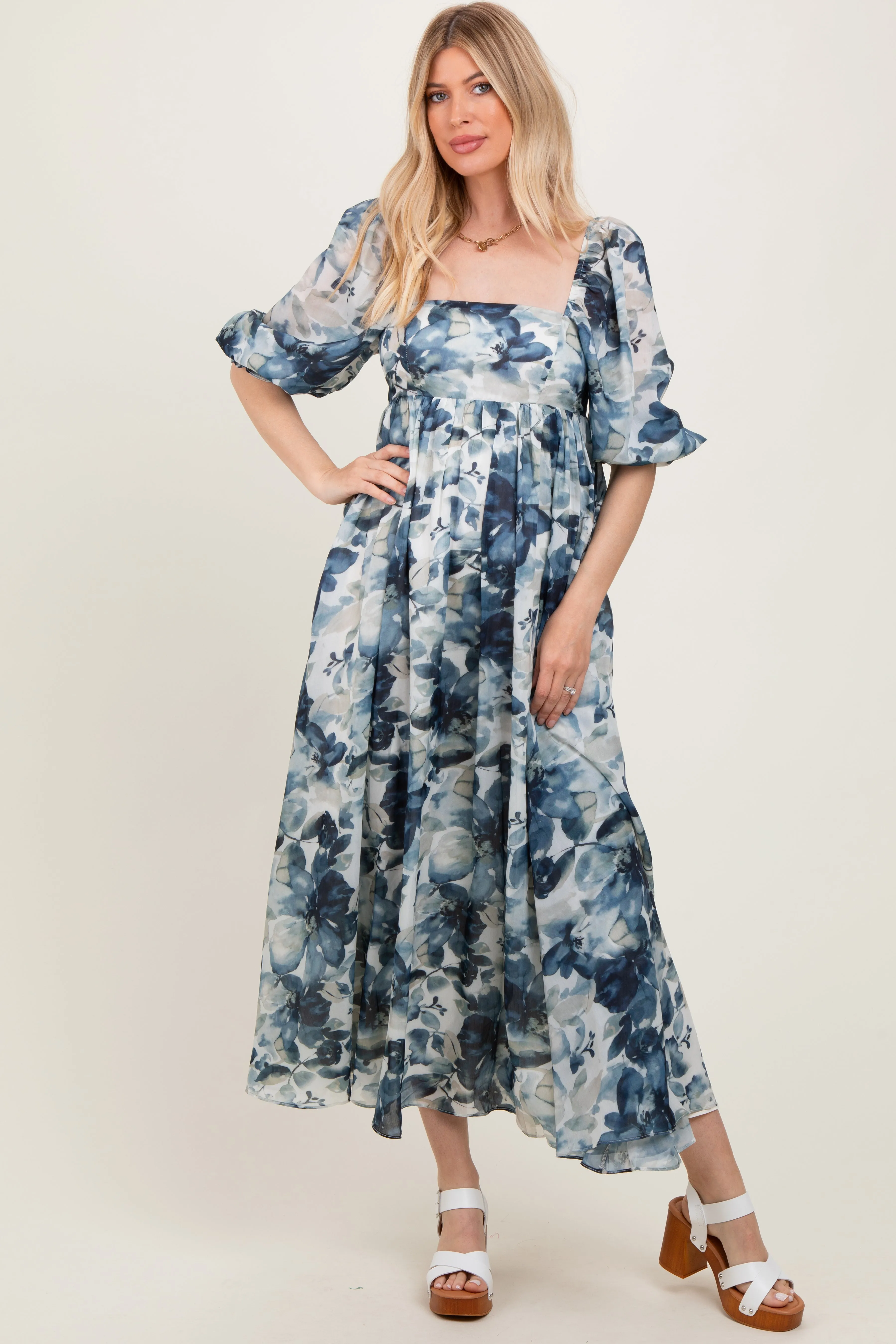 Navy Floral 3/4 Puff Sleeve Maxi Dress sold by Pinkblush
