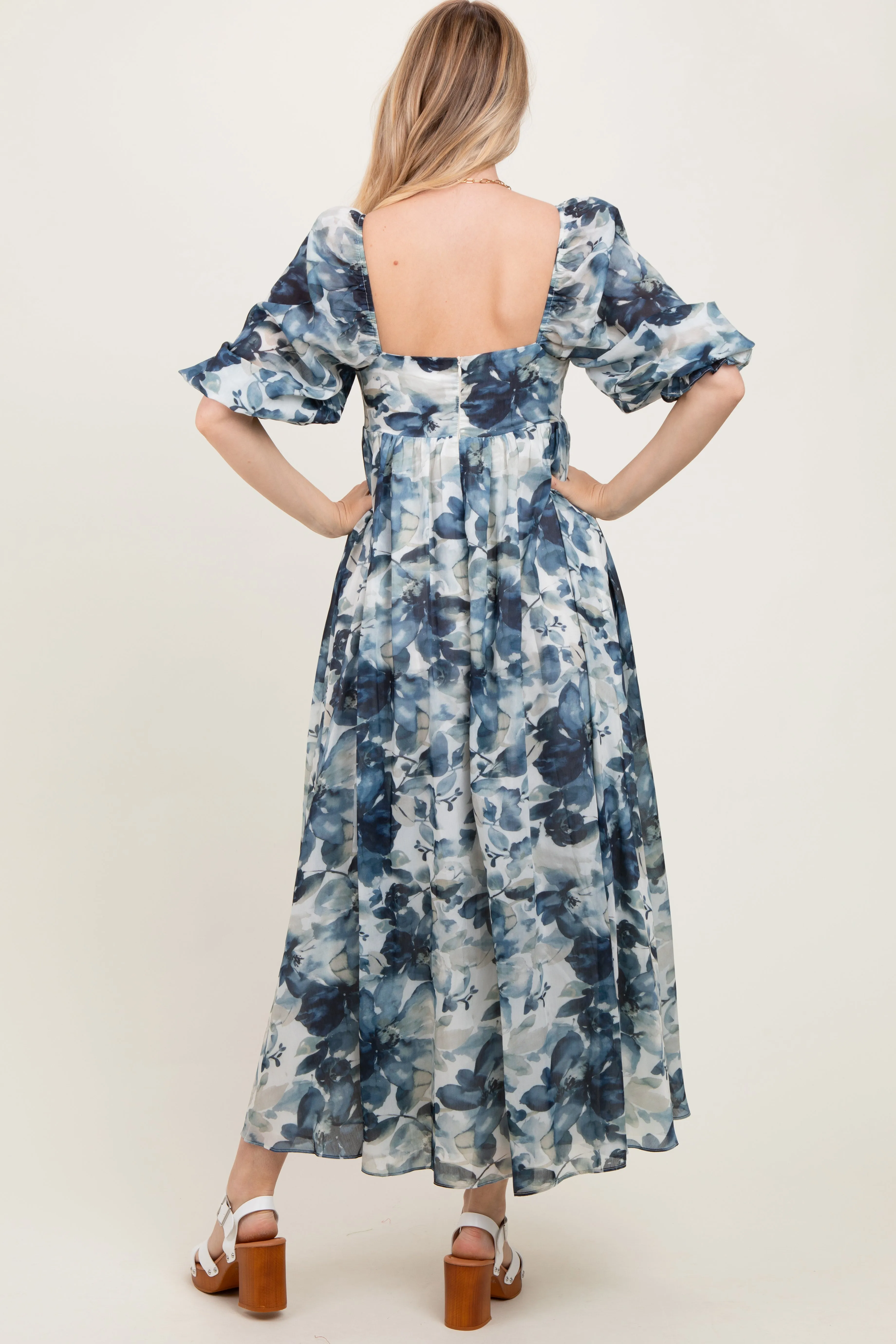 Navy Floral 3/4 Puff Sleeve Maxi Dress sold by Pinkblush product image thumbnail 3