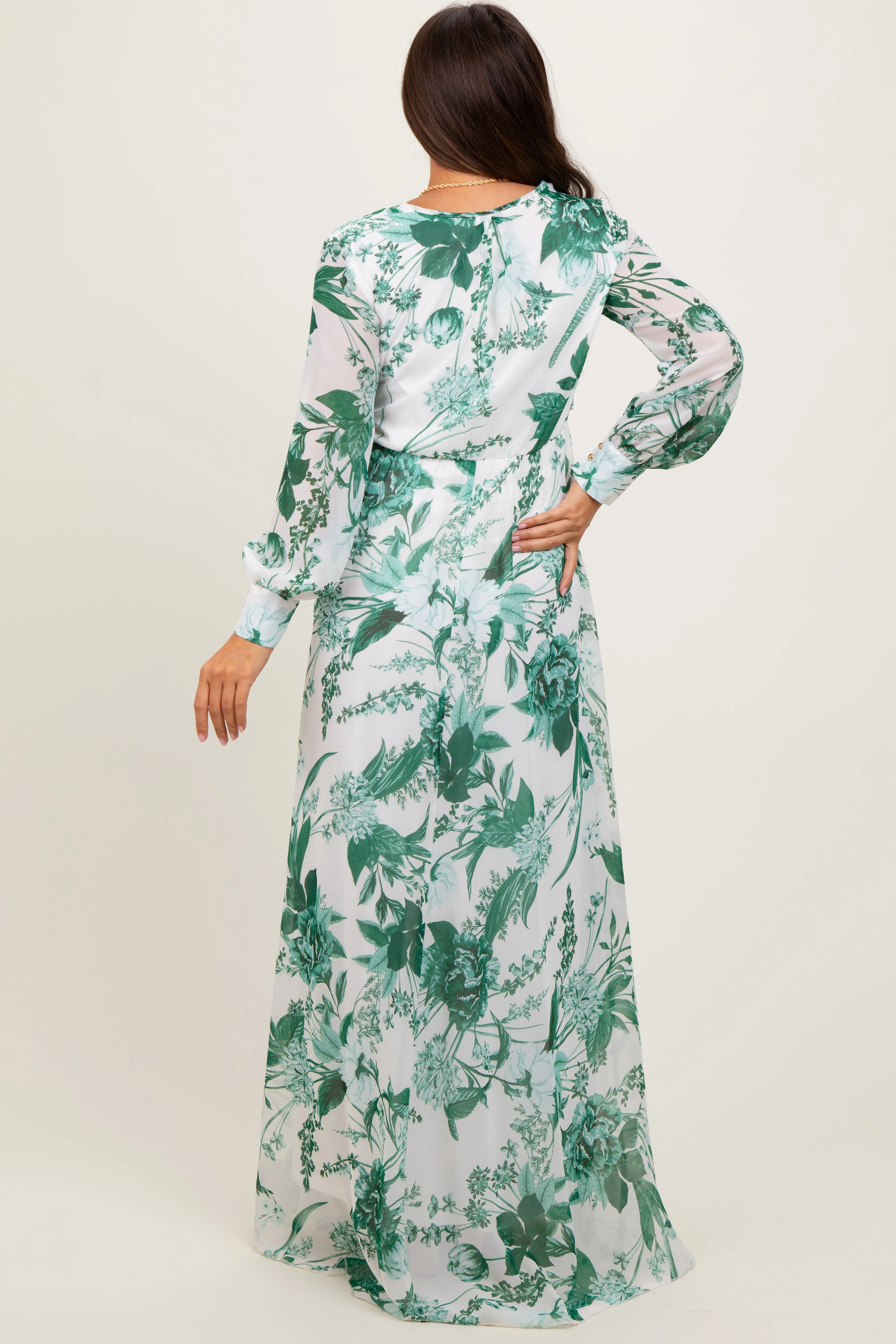Forest Green Floral Chiffon Long Sleeve Maternity Maxi Dress sold by Pinkblush product image thumbnail 4