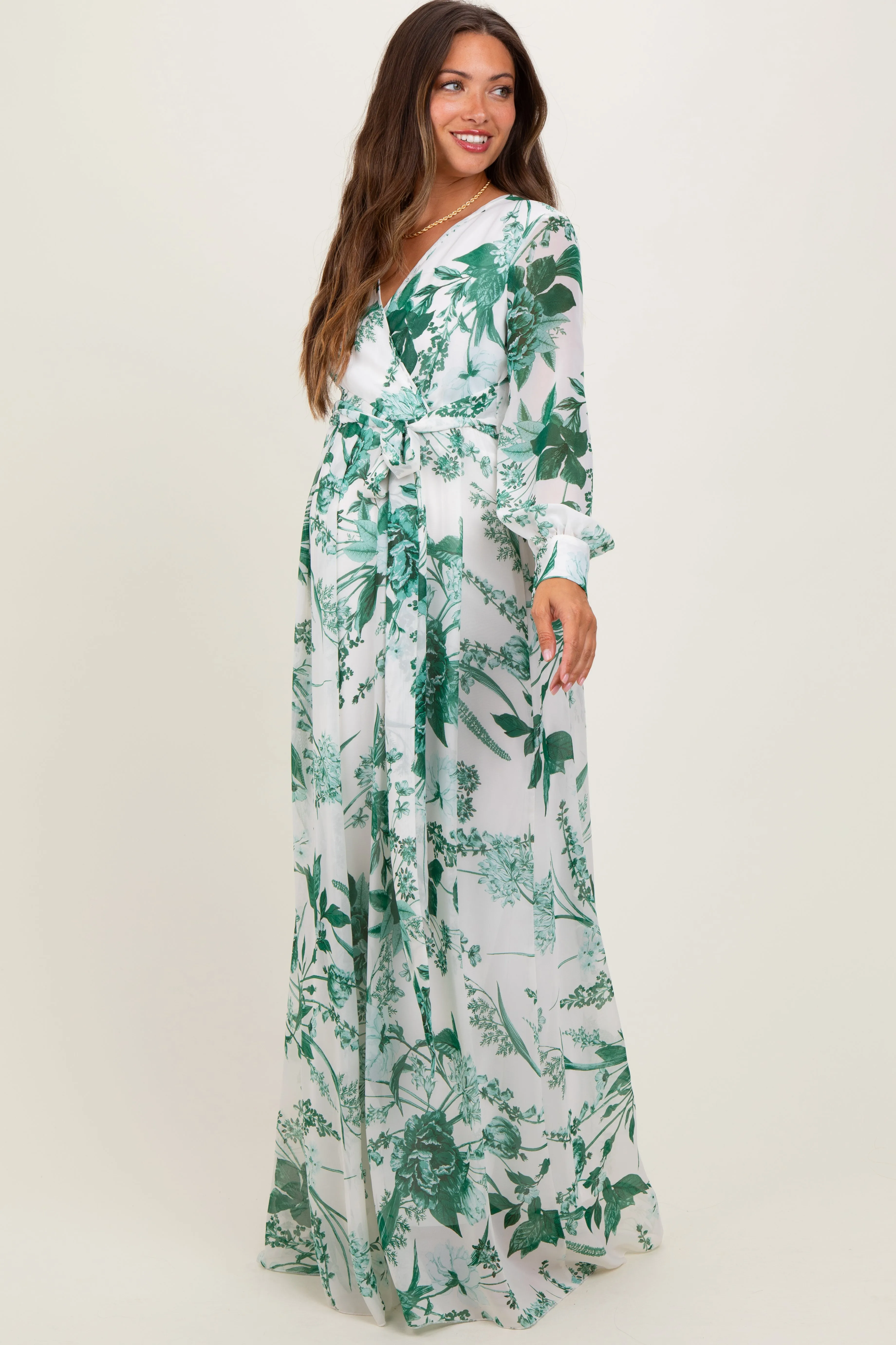Forest Green Floral Chiffon Long Sleeve Maternity Maxi Dress sold by Pinkblush