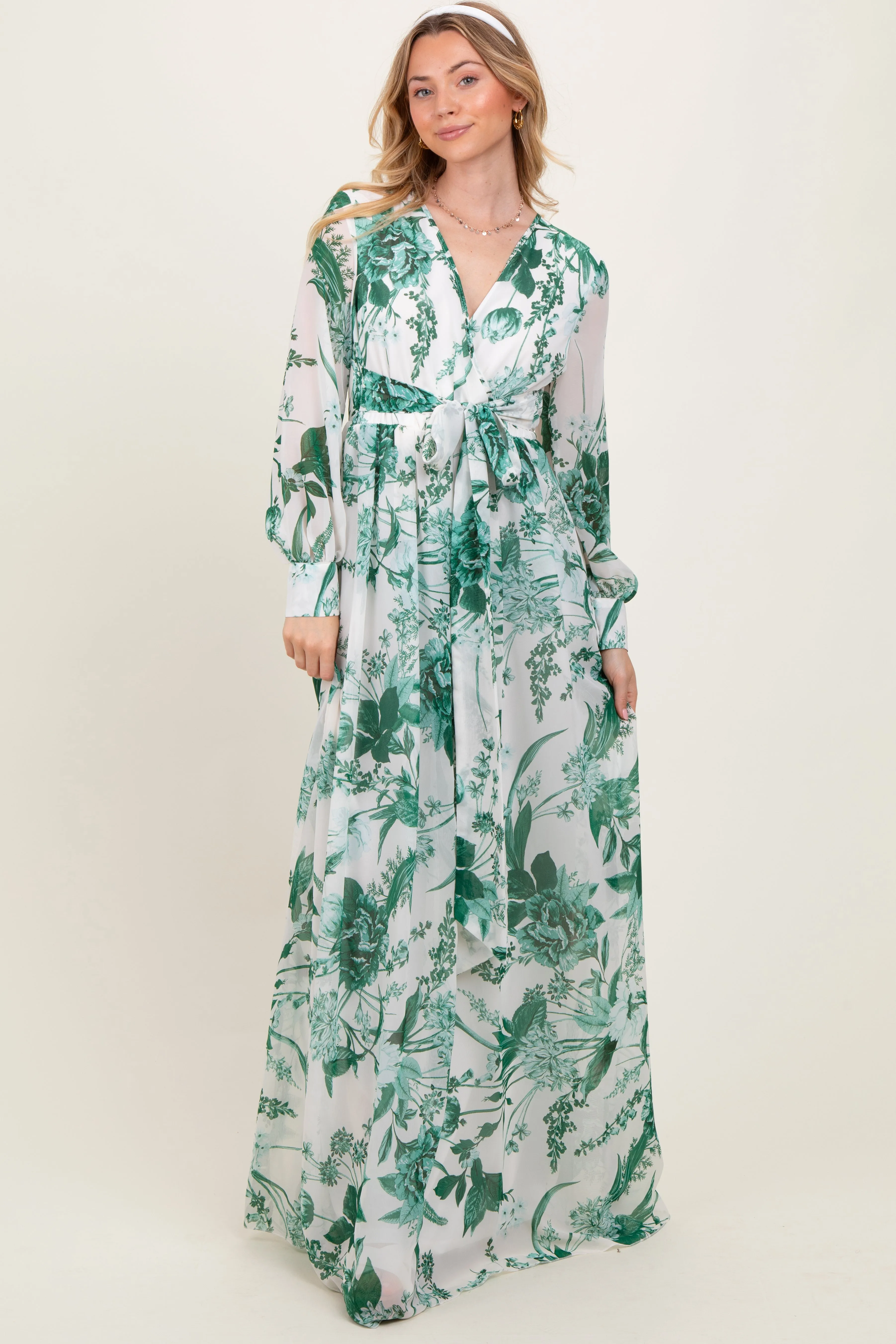Forest Green Floral Chiffon Long Sleeve Maternity Maxi Dress sold by Pinkblush product image thumbnail 5