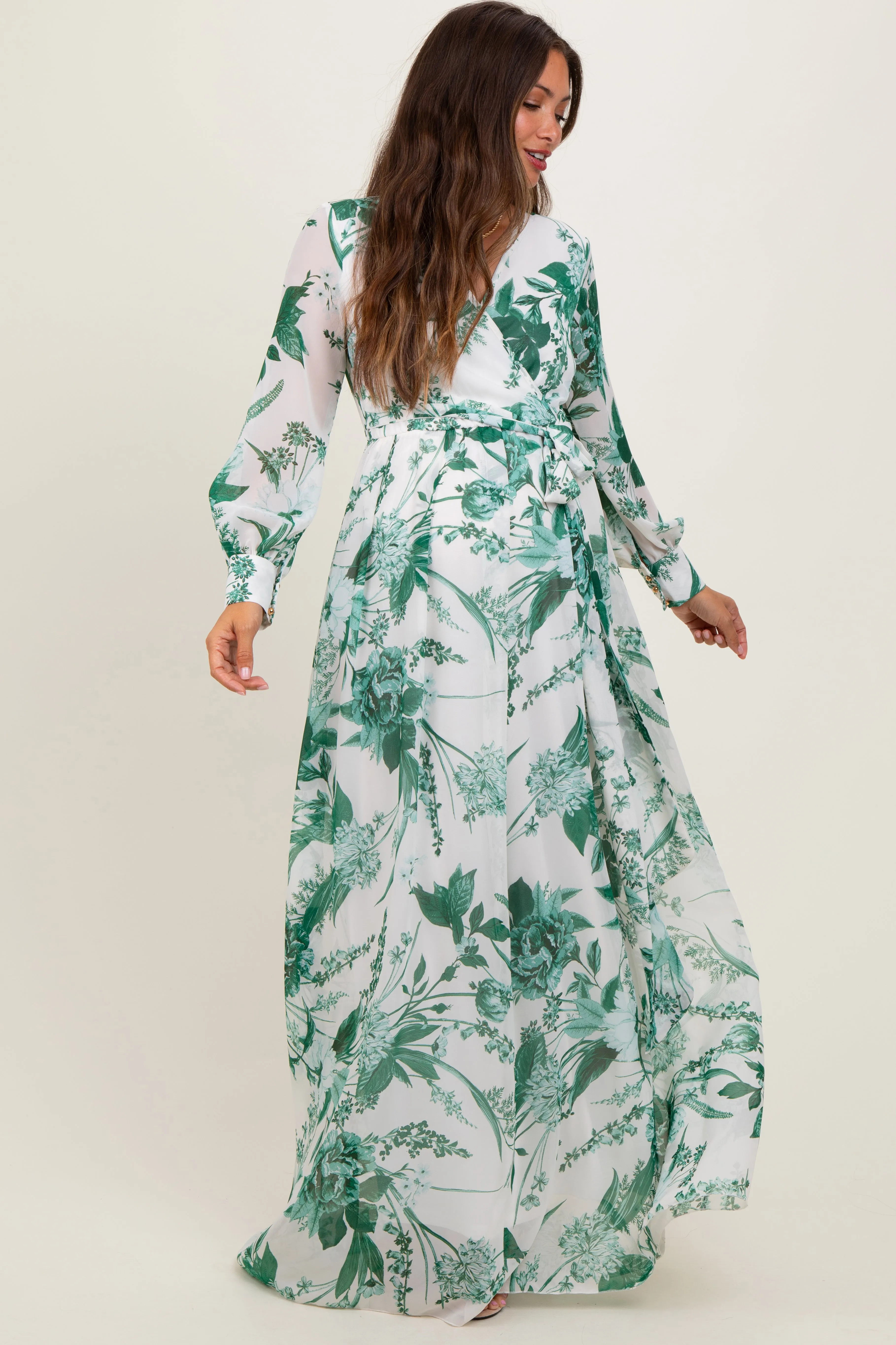 Forest Green Floral Chiffon Long Sleeve Maternity Maxi Dress sold by Pinkblush product image thumbnail 2