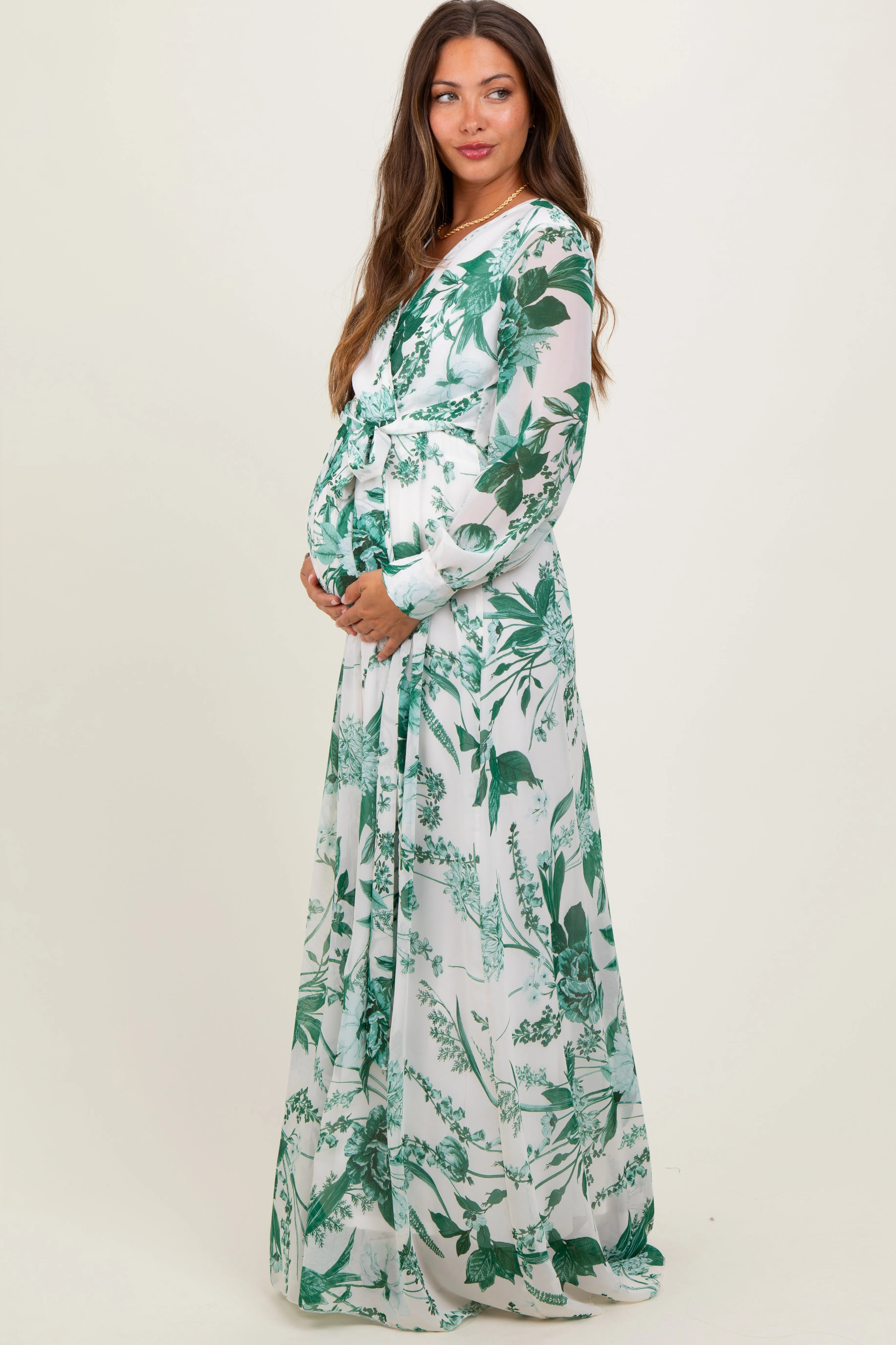 Forest Green Floral Chiffon Long Sleeve Maternity Maxi Dress sold by Pinkblush product image thumbnail 3