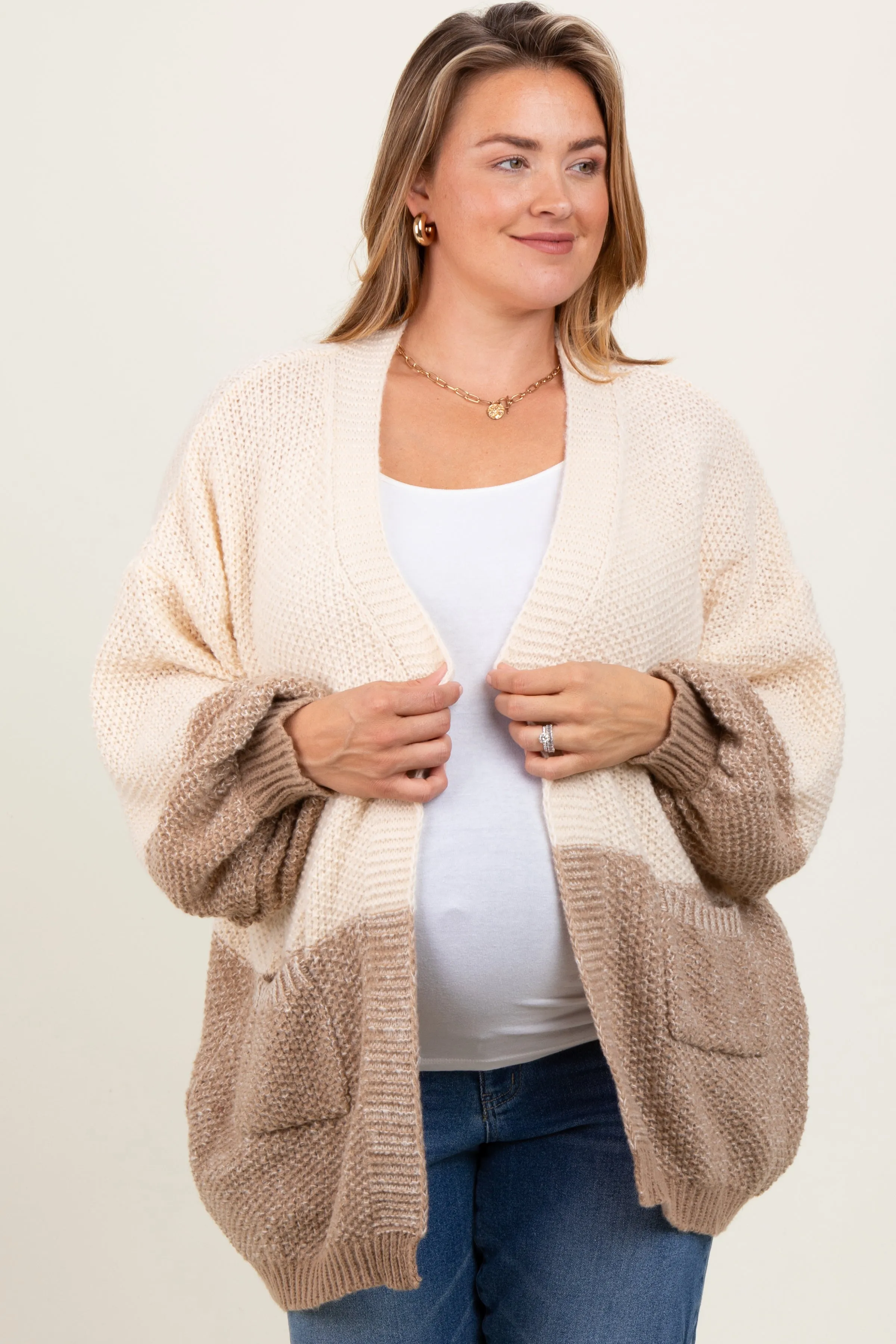 Cream Colorblock Bubble Sleeve Maternity Plus Cardigan sold by Pinkblush product image thumbnail 2