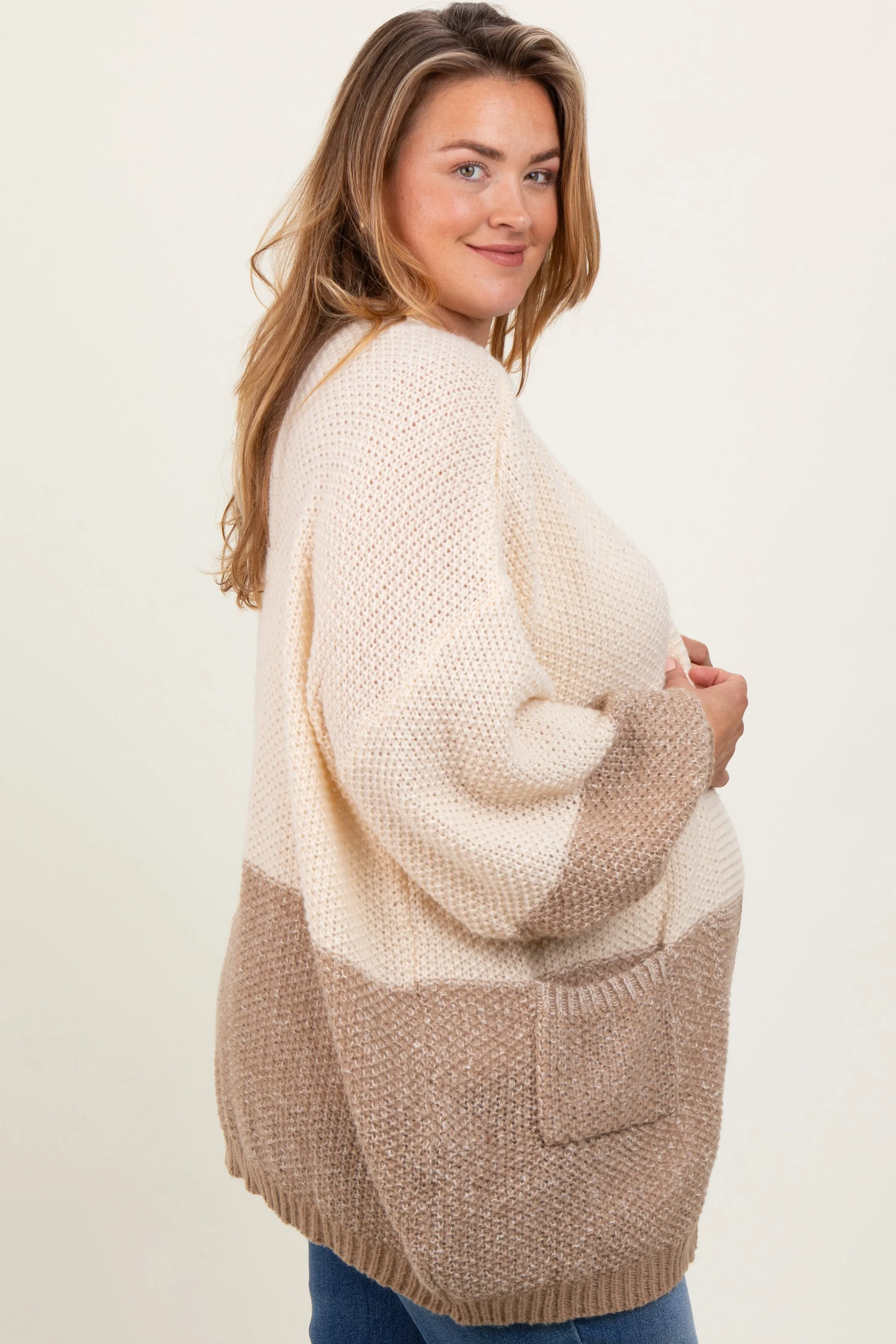 Cream Colorblock Bubble Sleeve Maternity Plus Cardigan sold by Pinkblush product image thumbnail 3