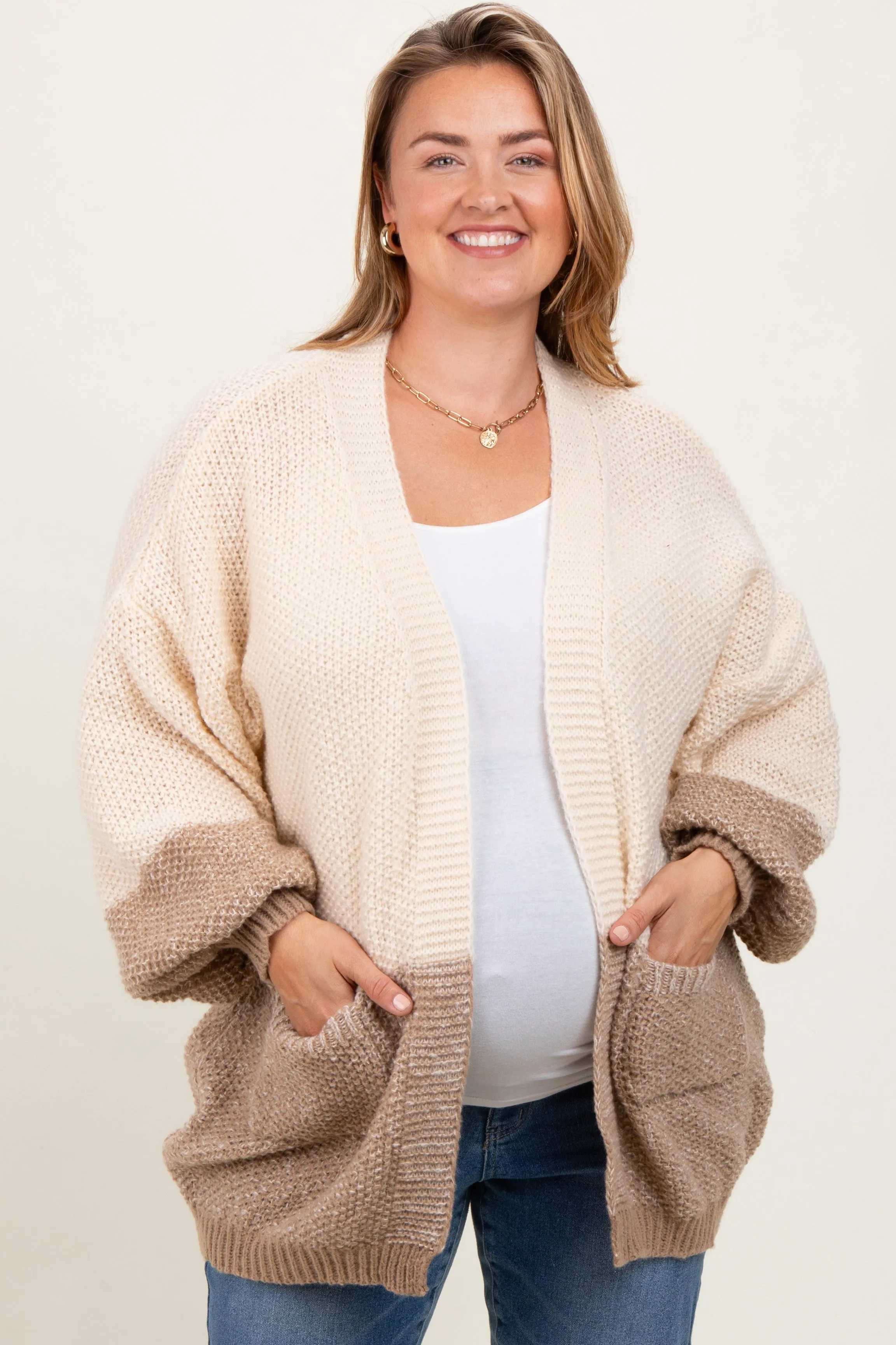 Cream Colorblock Bubble Sleeve Maternity Plus Cardigan sold by Pinkblush