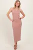 Peach Solid Ribbed Sleeveless Slit Maxi Dress sold by Pinkblush