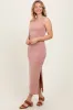 Peach Solid Ribbed Sleeveless Slit Maxi Dress sold by Pinkblush