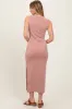Peach Solid Ribbed Sleeveless Slit Maxi Dress sold by Pinkblush