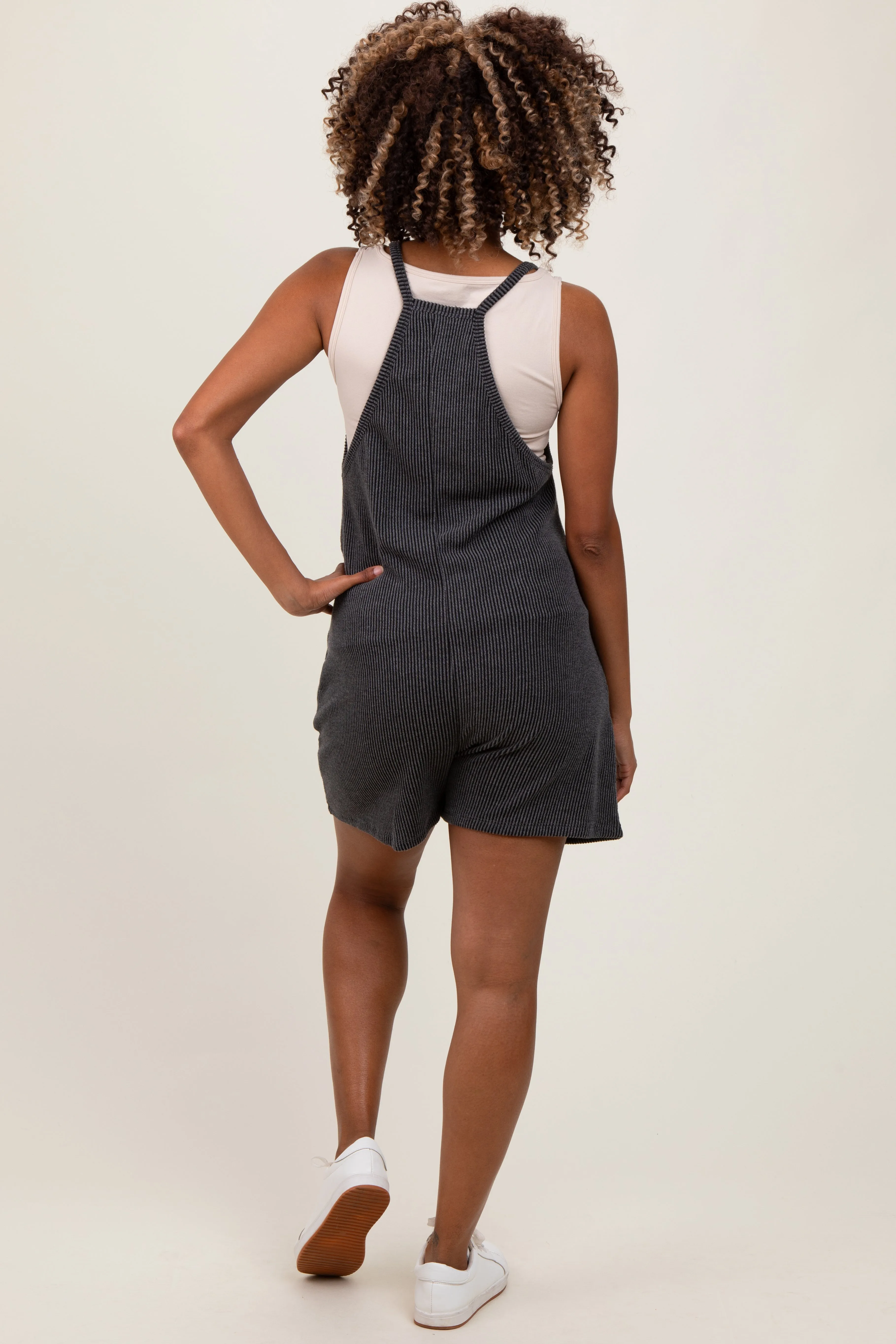 Black Solid Ribbed V-Neck Sleeveless Front Pocket Maternity Romper sold by Pinkblush product image thumbnail 4