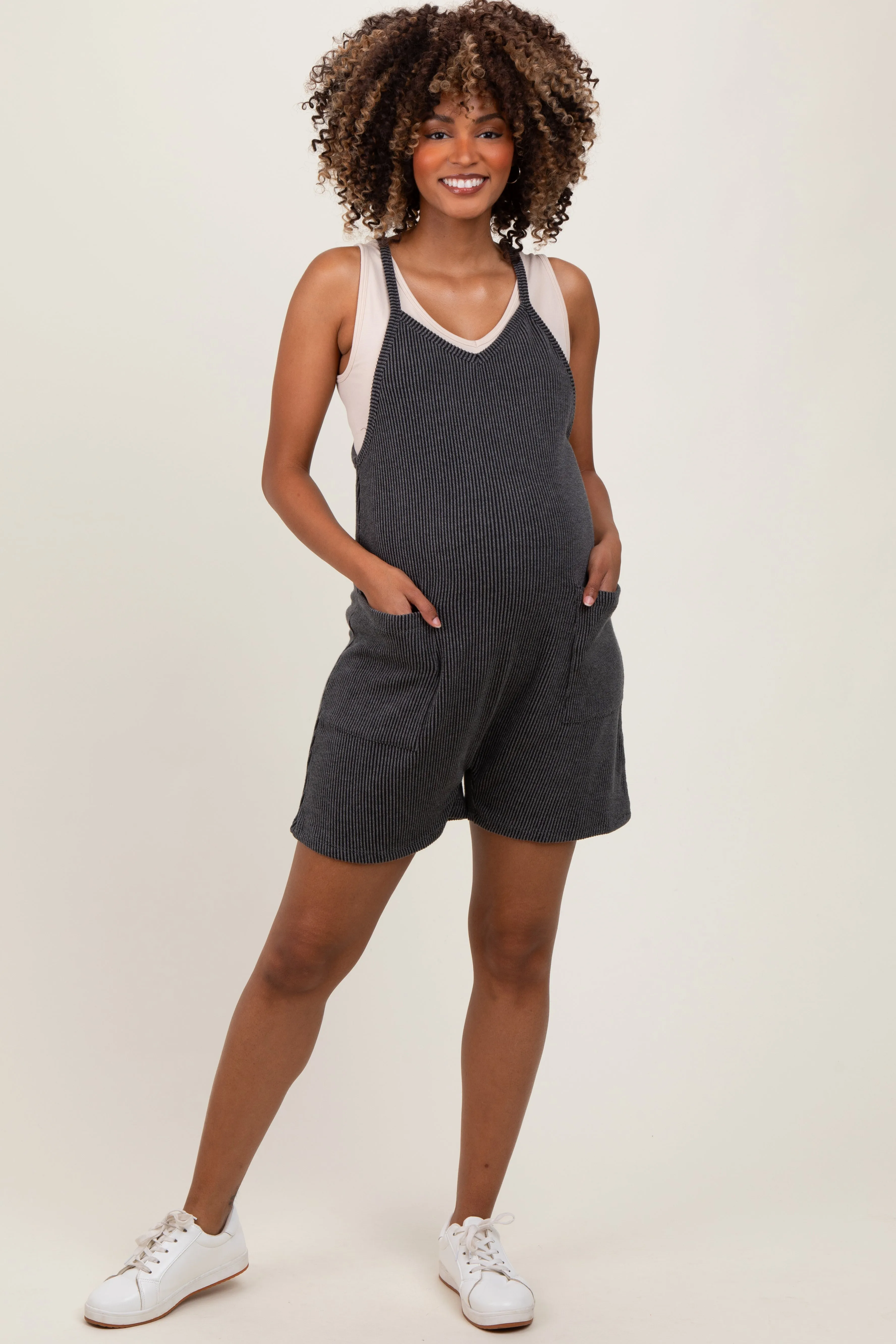 Black Solid Ribbed V-Neck Sleeveless Front Pocket Maternity Romper sold by Pinkblush product image thumbnail 2