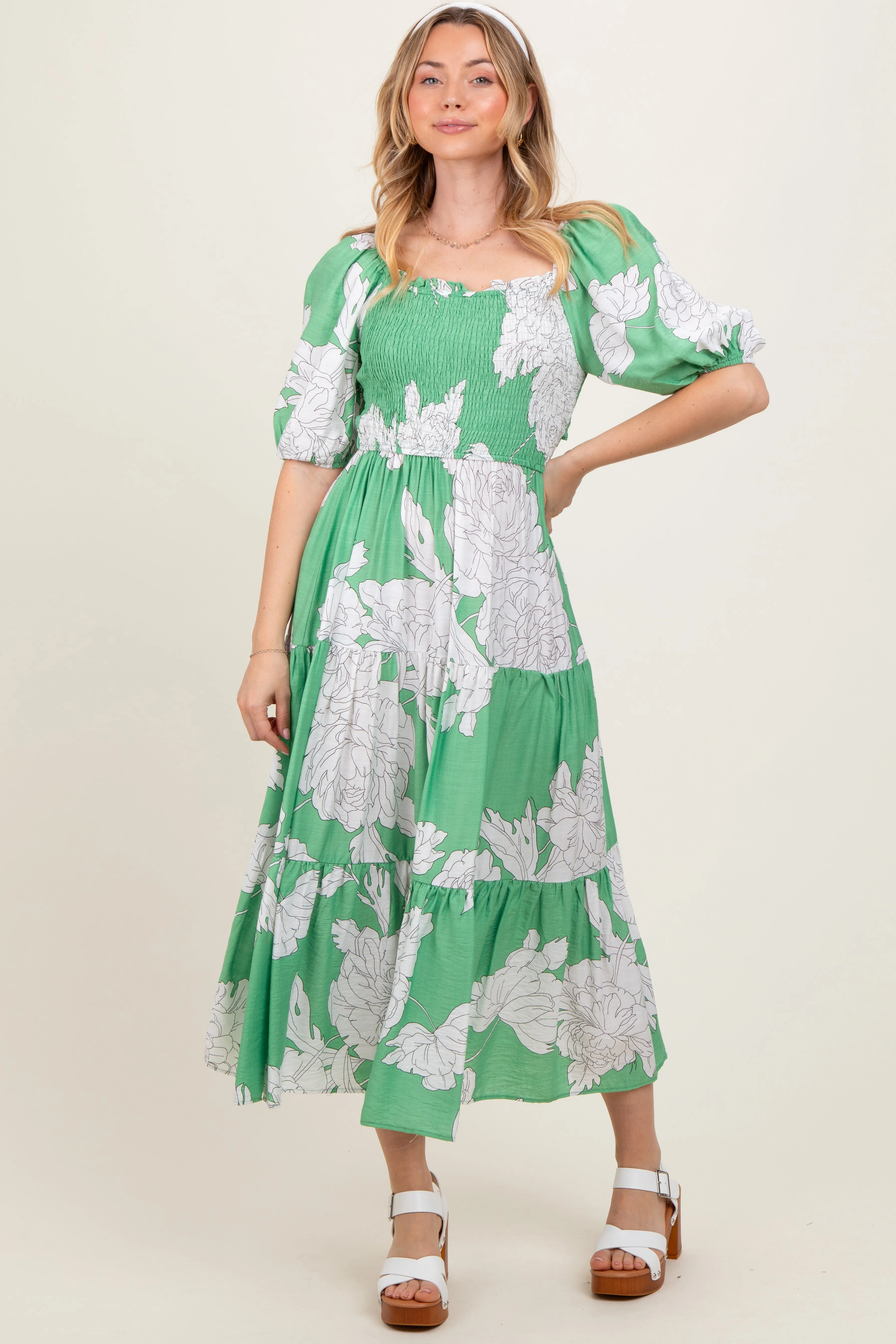 Green Floral Smocked Front Tie Cutout Maxi Dress sold by Pinkblush product image thumbnail 2