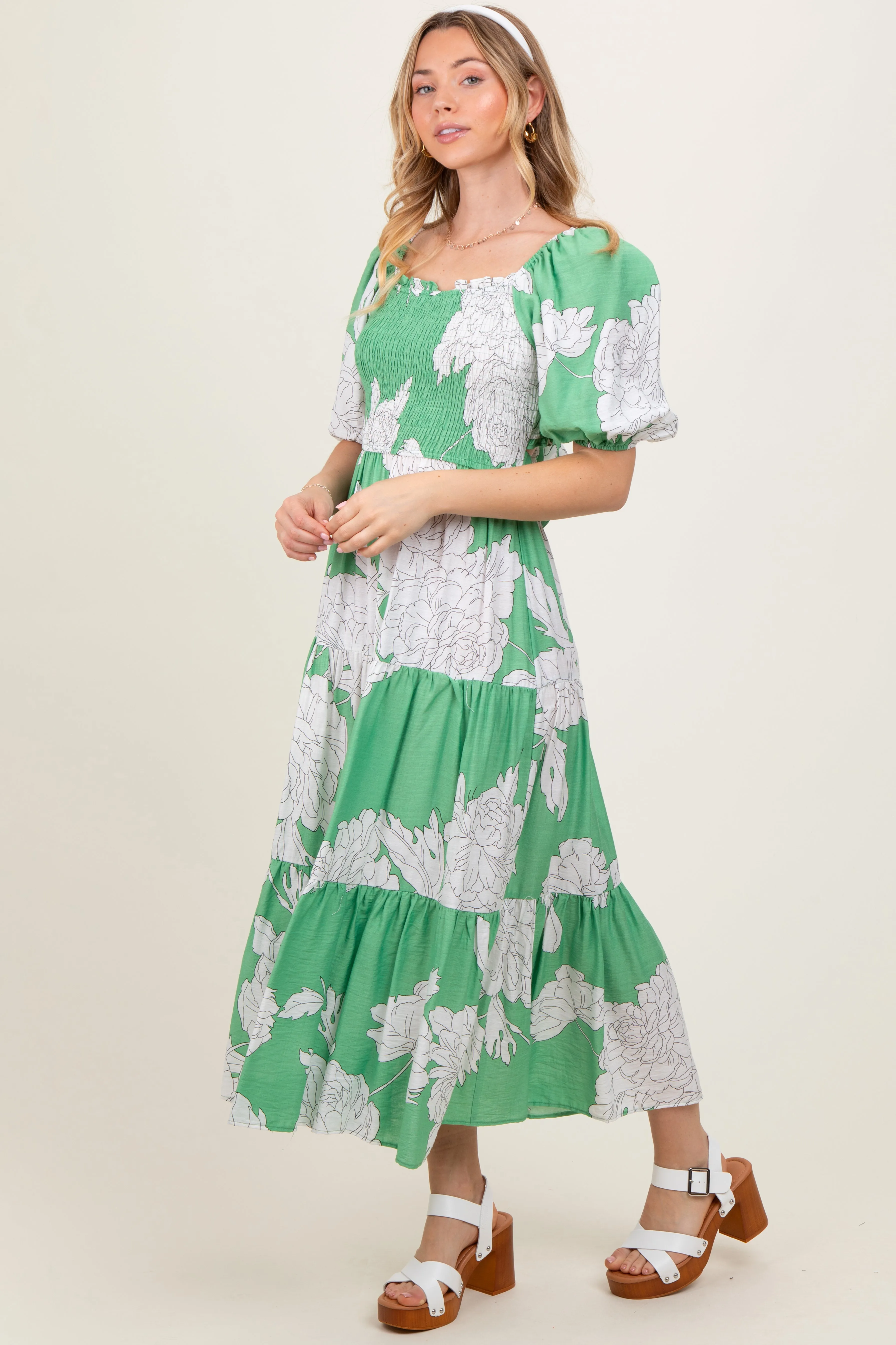 Green Floral Smocked Front Tie Cutout Maxi Dress sold by Pinkblush product image thumbnail 3
